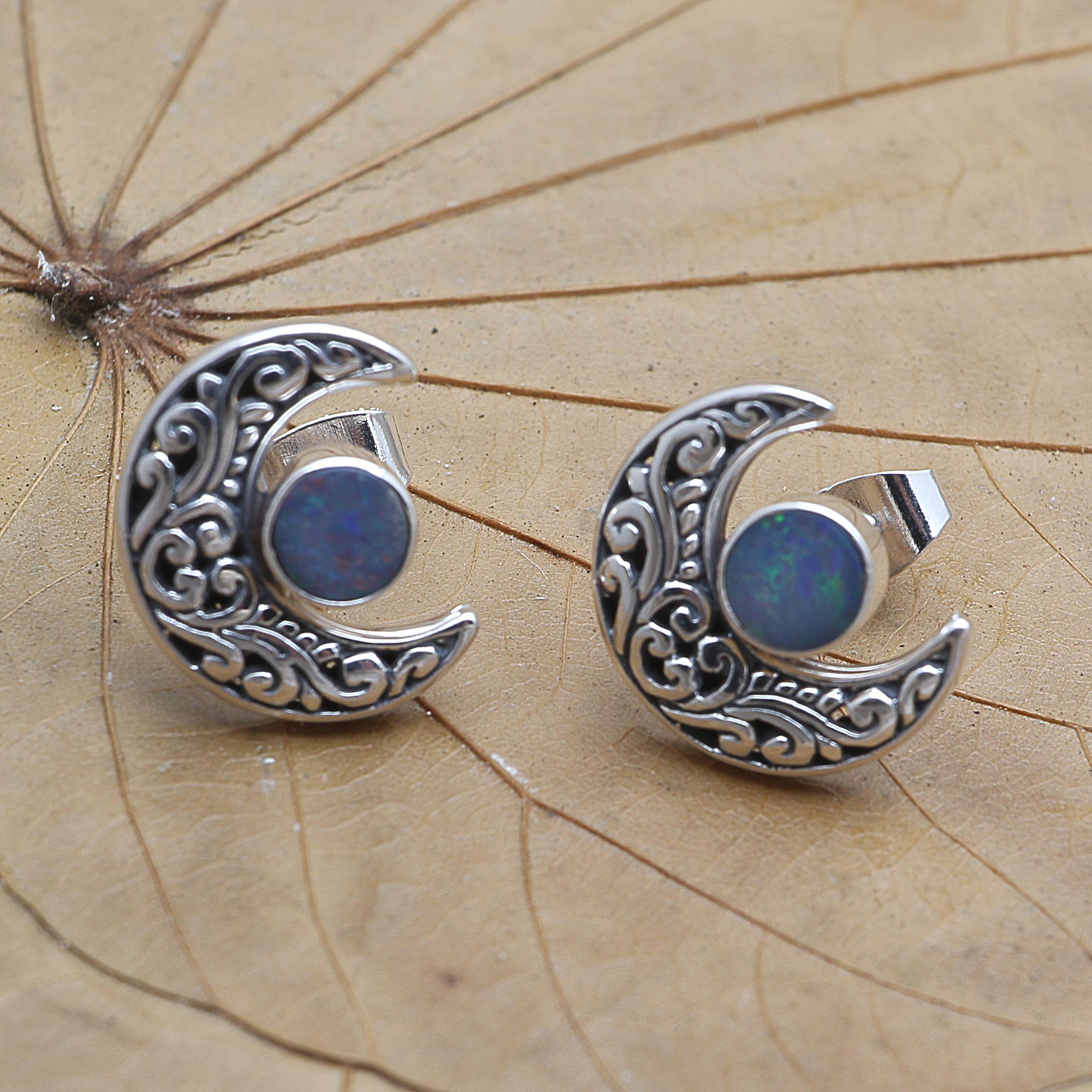 Premium Sterling Silver Crescent Moon Earrings with Blue Opal Embellishment