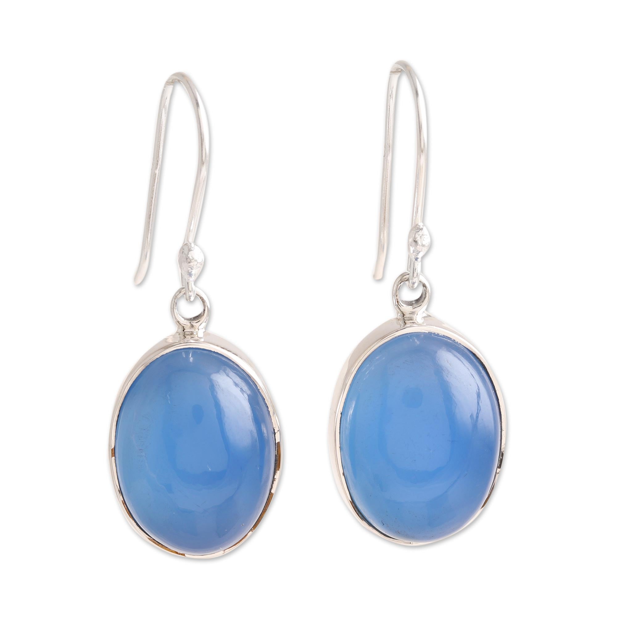 Premium Oval Blue Chalcedony Dangle Earrings - Handcrafted in Sterling Silver