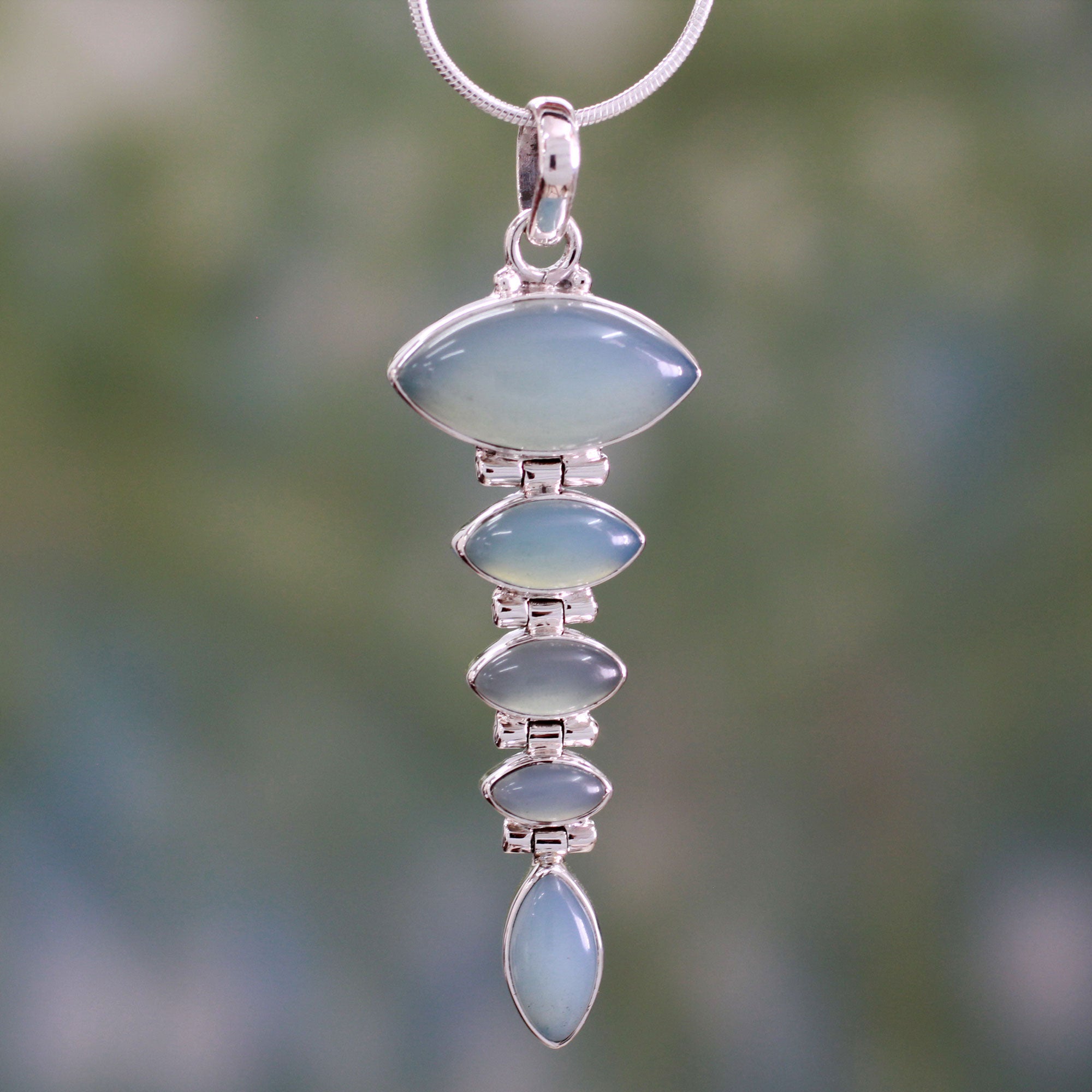 Premium India Blue Chalcedony Pendant Necklace in Sterling Silver