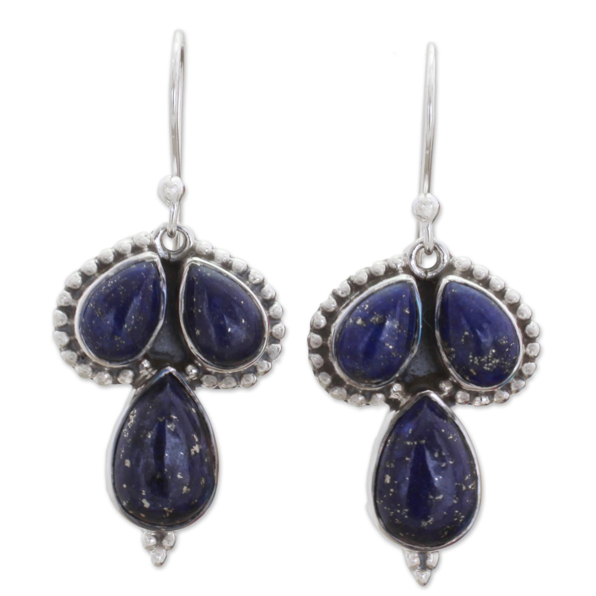 Premium Lapis Lazuli Sterling Silver Dangle Earrings – Handcrafted Trio Design