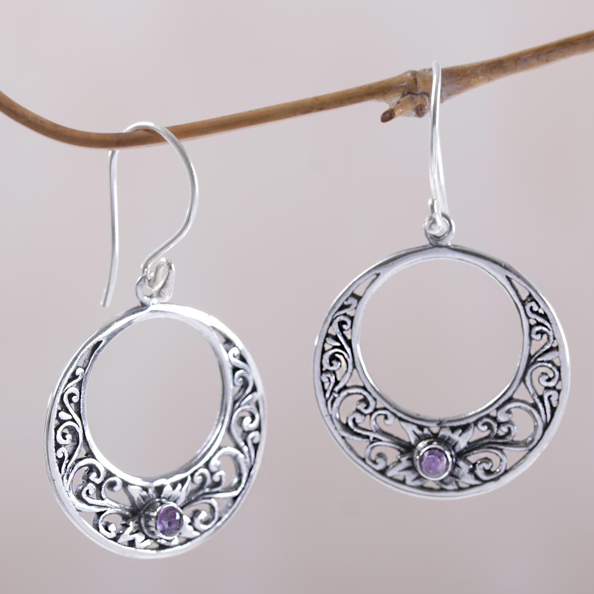 Premium Crescent Spirals Amethyst Dangle Earrings - Handcrafted 925 Sterling Silver Jewelry from Bali