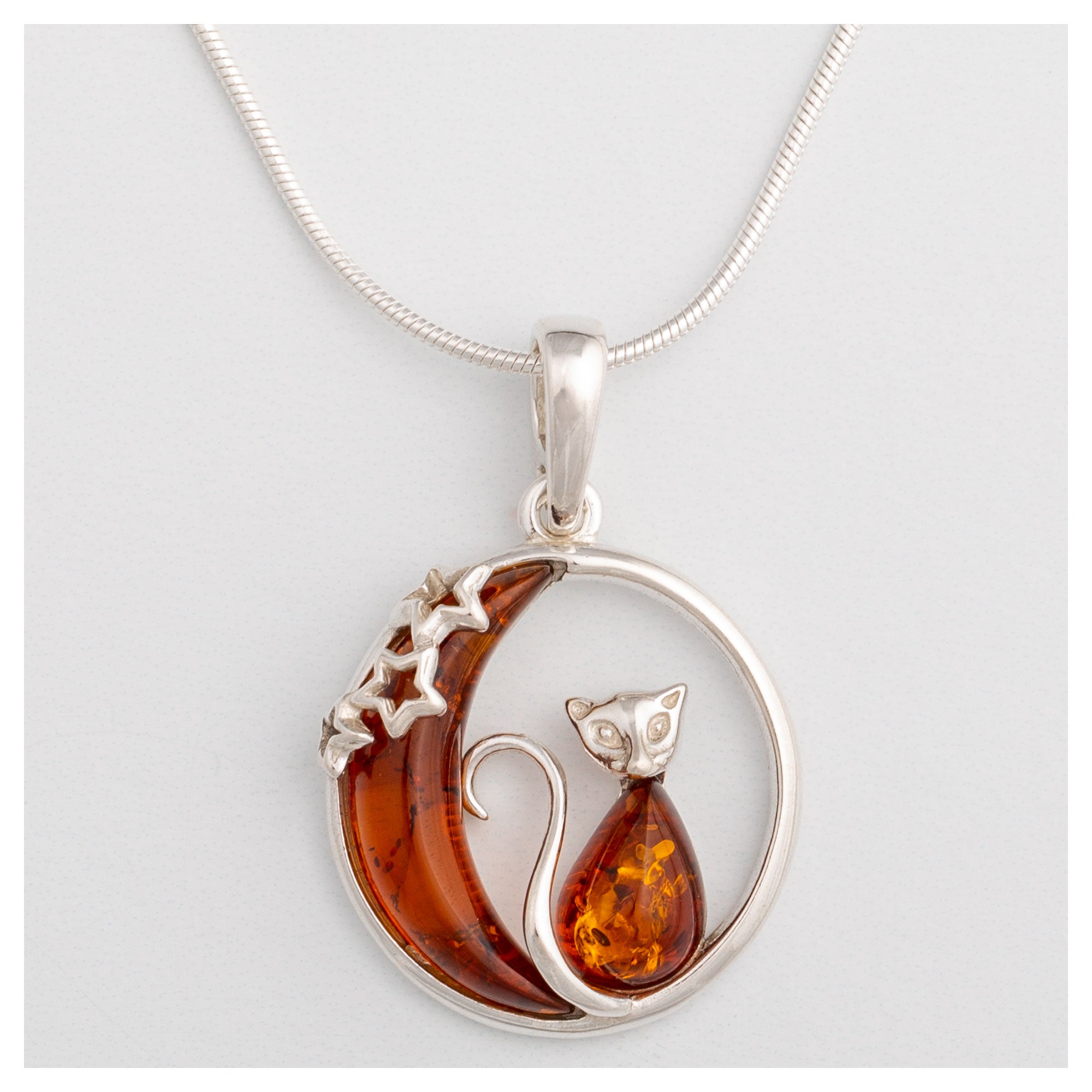 Premium Moonlight Cat Sterling Silver & Baltic Amber Necklace