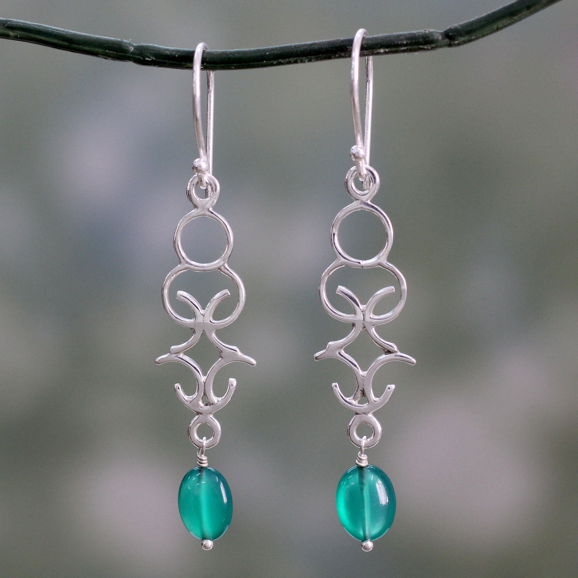 Premium Forest Trellis Dangle Earrings with Green Onyx - Polished Silver Design