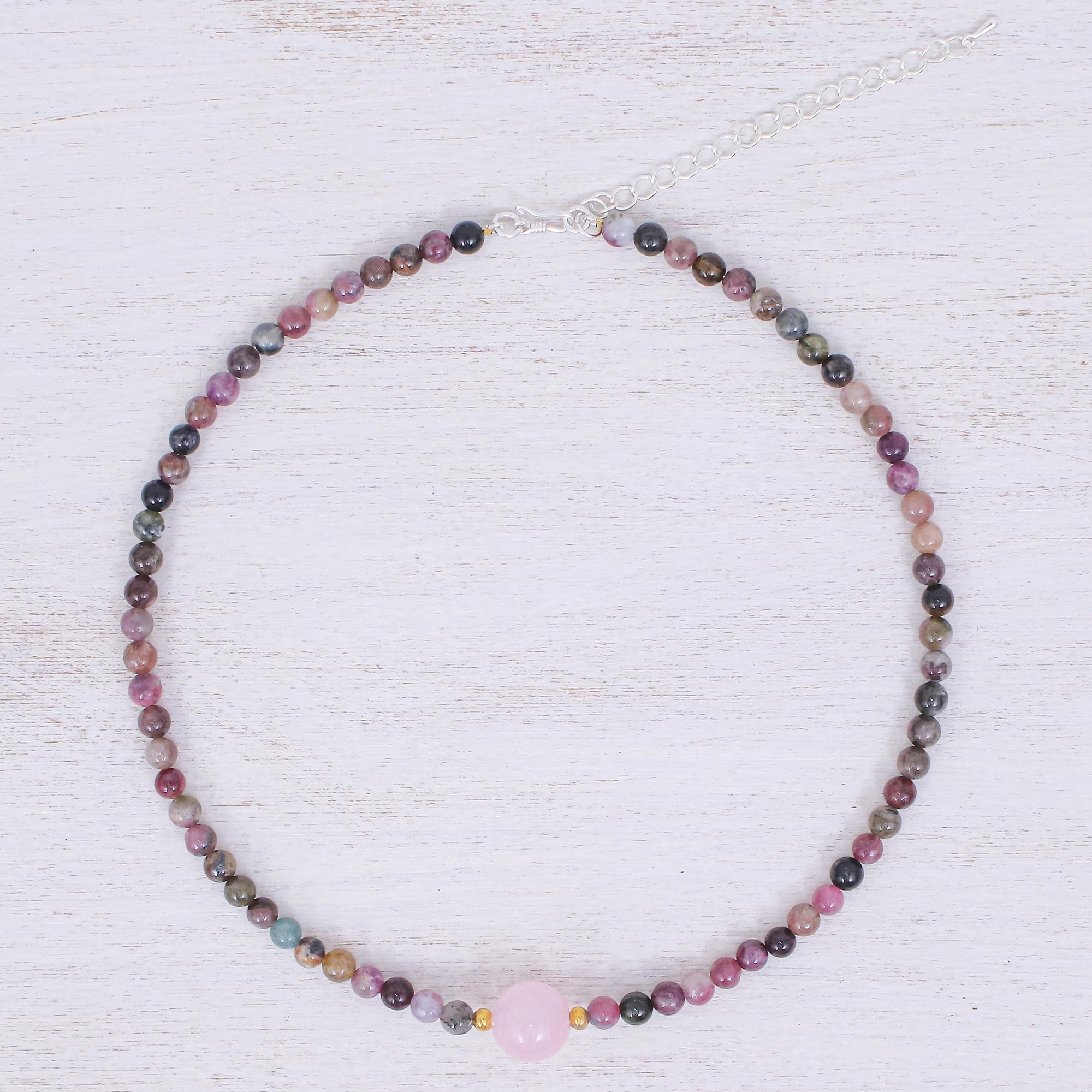 Premium Rose Quartz & Tourmaline Beaded Necklace - Handmade Elegance