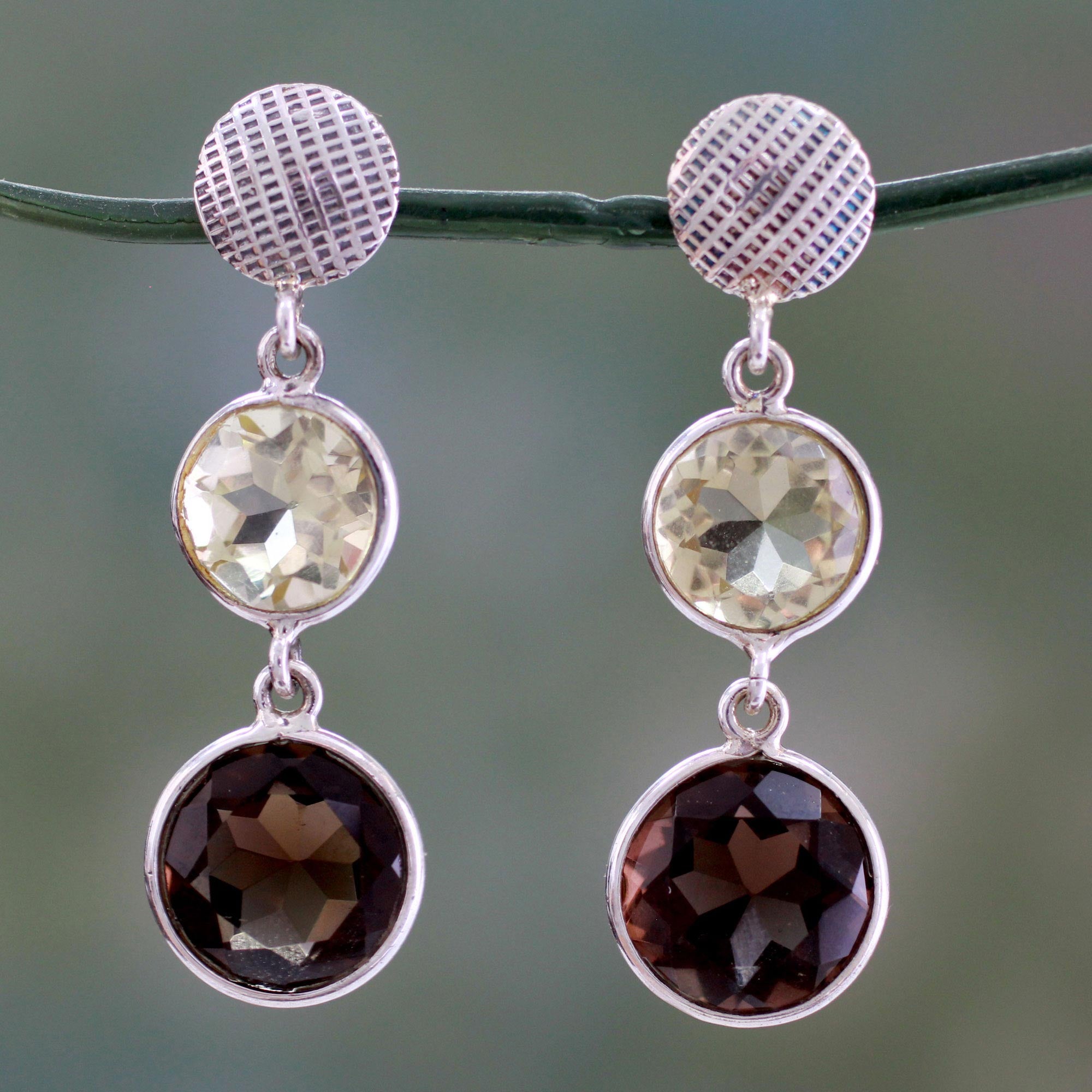 Premium Sterling Silver Faceted Lemon & Smoky Quartz Dangle Earrings