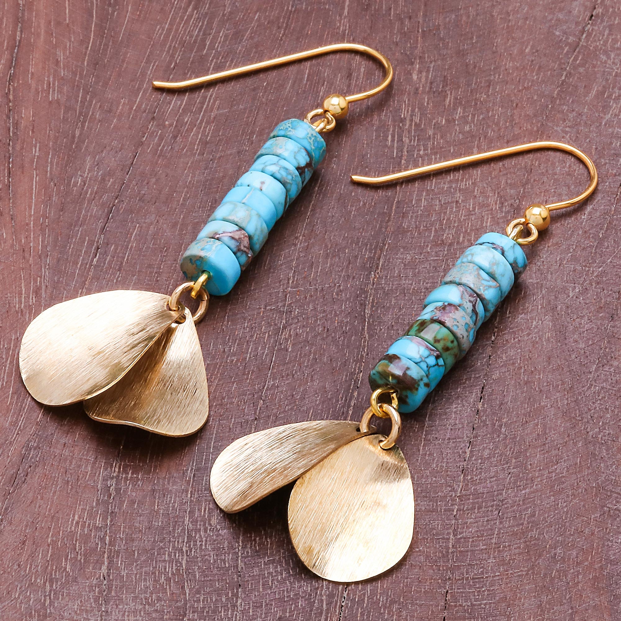 Premium Sea Gold Brass & Turquoise Dangle Earrings - Handcrafted Elegance