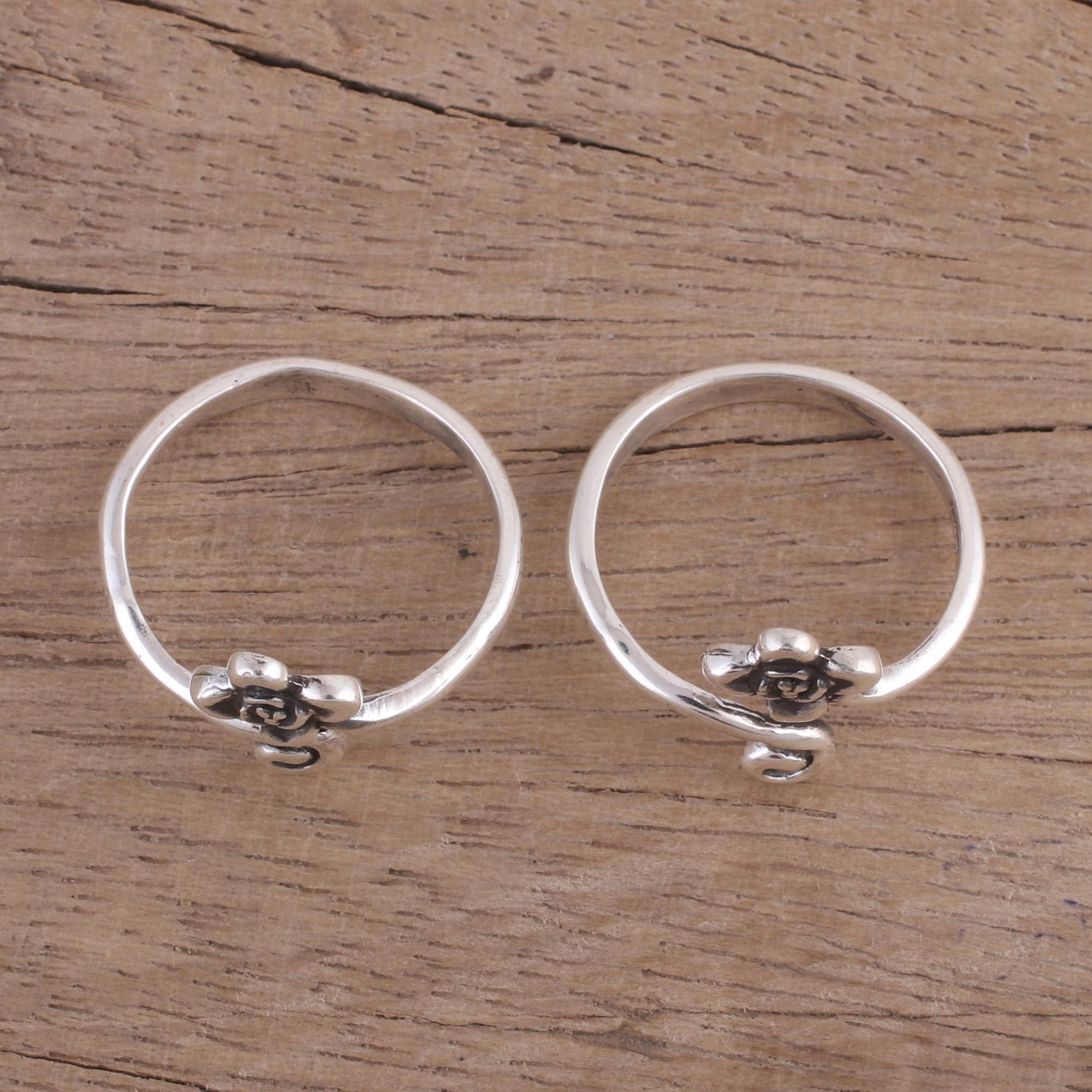 Premium Sterling Silver Flower & Swirl Toe Rings – Handmade Pair