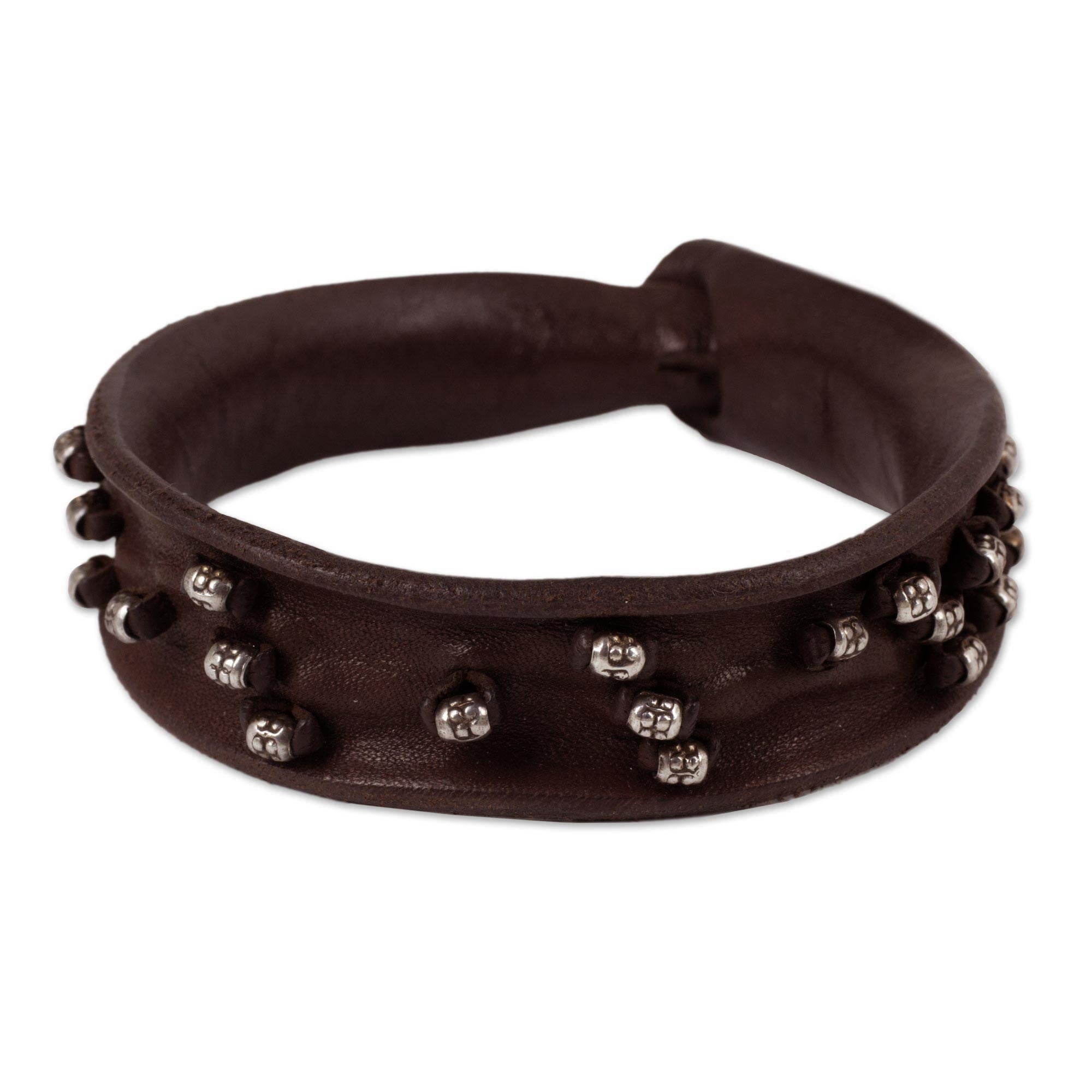 Premium Mountain Rock Leather Bracelet with Karen Hill Tribe Silver Accents