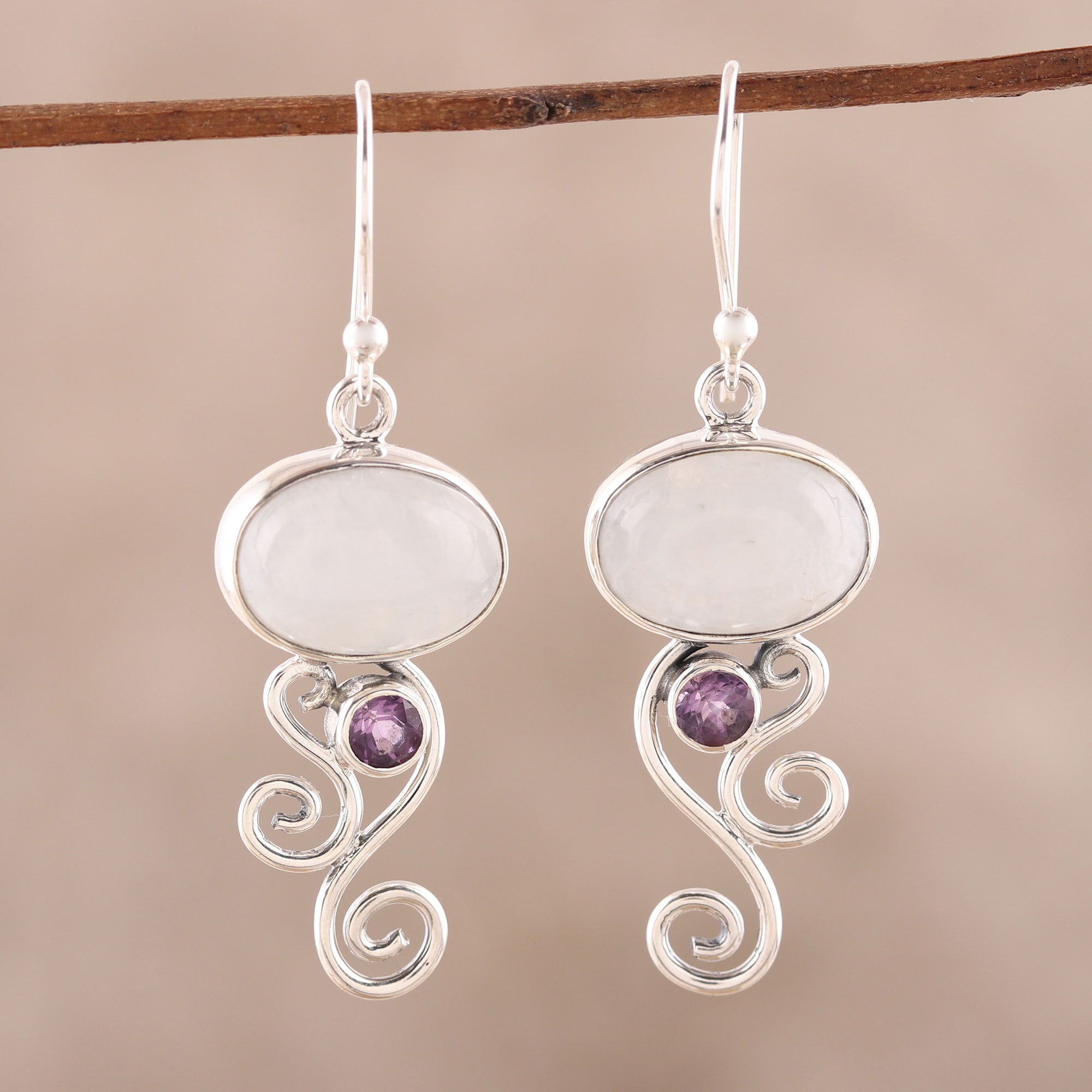 Premium Oval Tendrils Rainbow Moonstone & Amethyst Dangle Earrings - Handcrafted in India