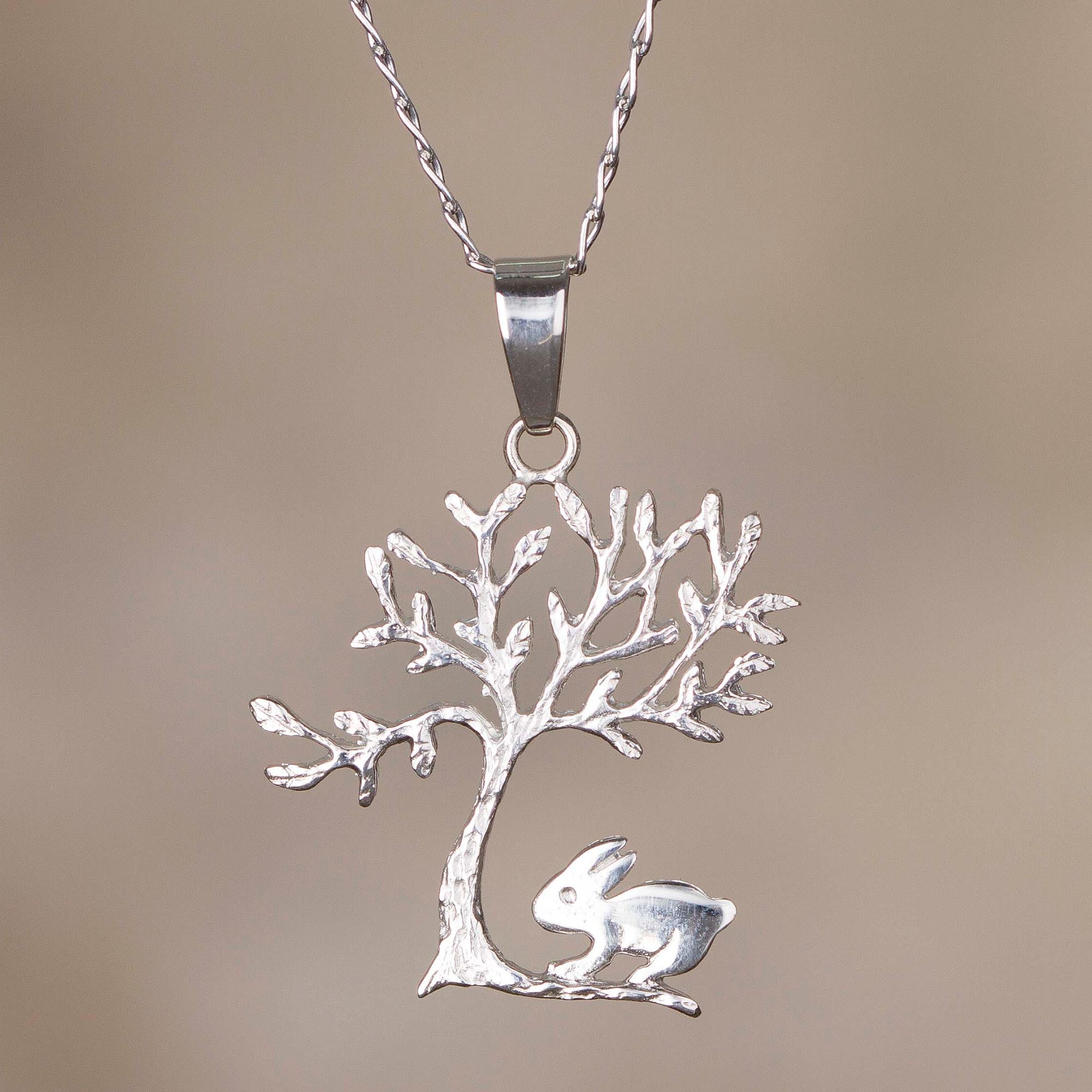 Premium Sterling Silver Rabbit and Tree of Life Pendant Necklace from Peru