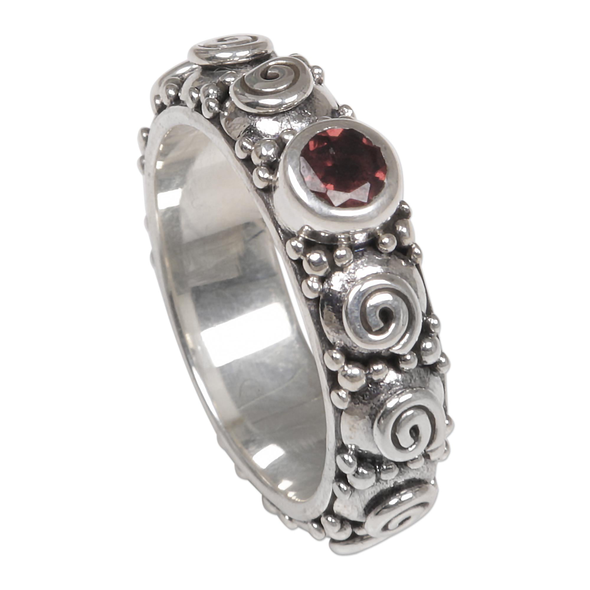 Premium Red Garnet & Sterling Silver Swirl Ring - Handcrafted in Bali