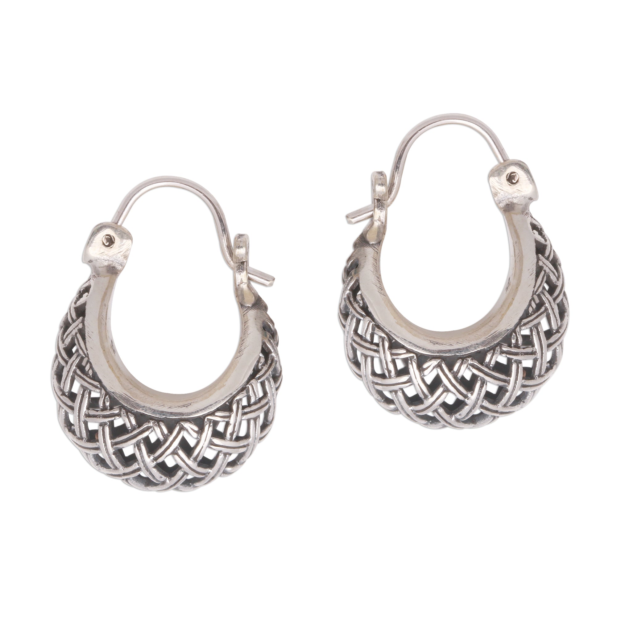 Premium Bali Sterling Silver Hoop Earrings – Intricate Woven Basket Design