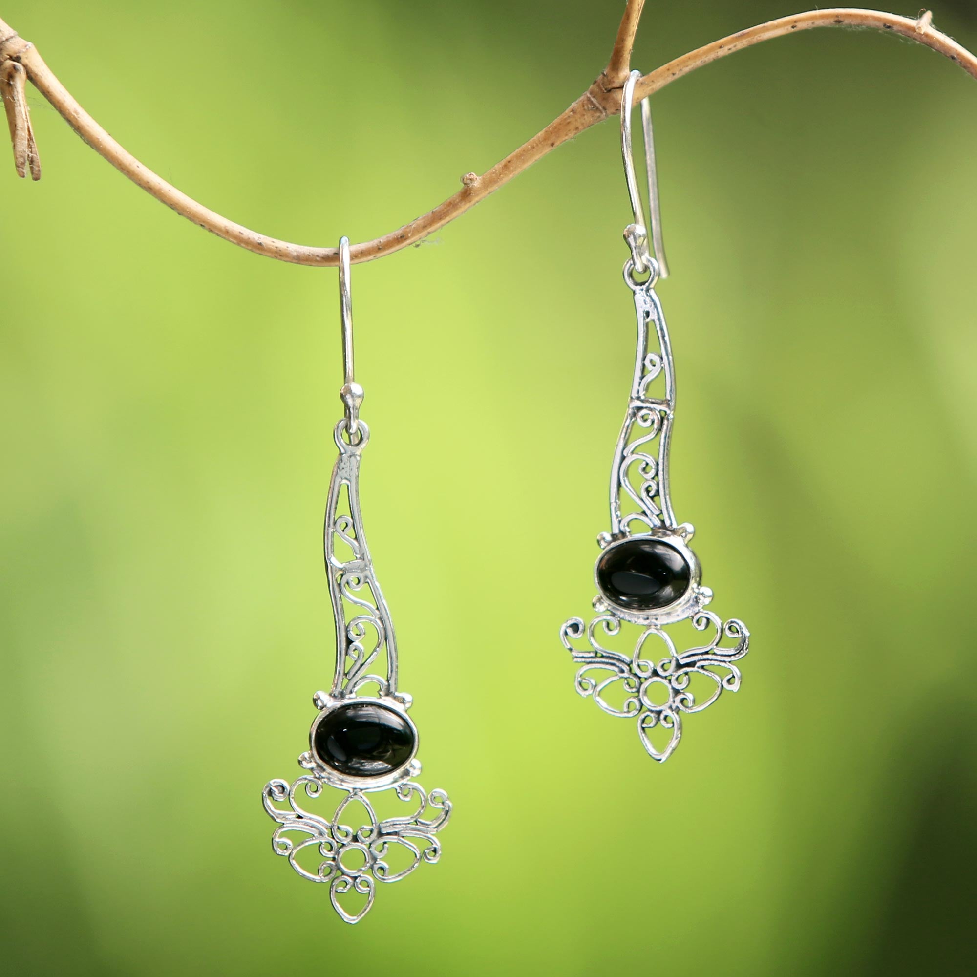 Premium Midnight Garden Breeze Onyx Dangle Earrings – Handcrafted Sterling Silver Floral Design