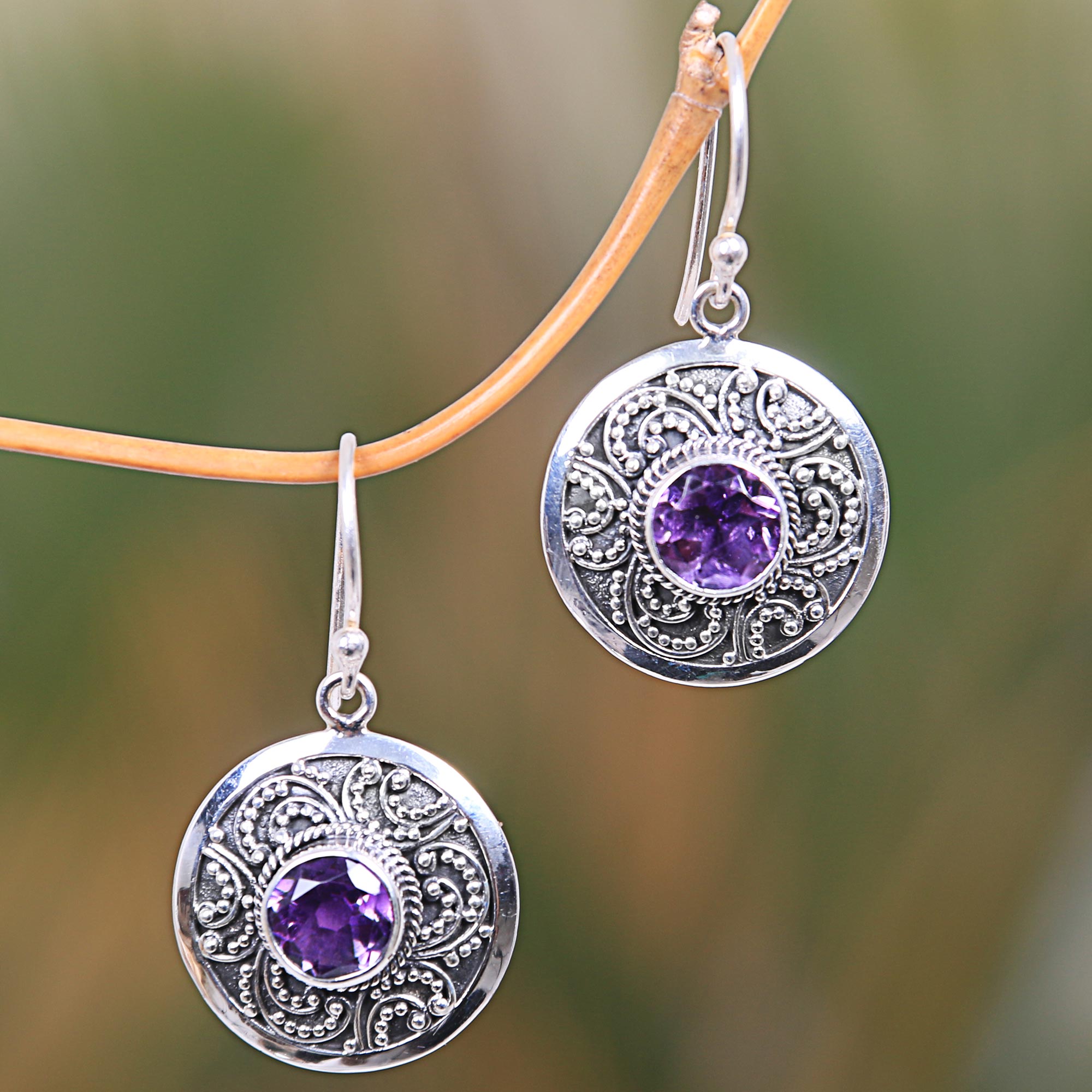 Premium Balinese Aura Amethyst & Silver Dangle Earrings - Handcrafted Elegance