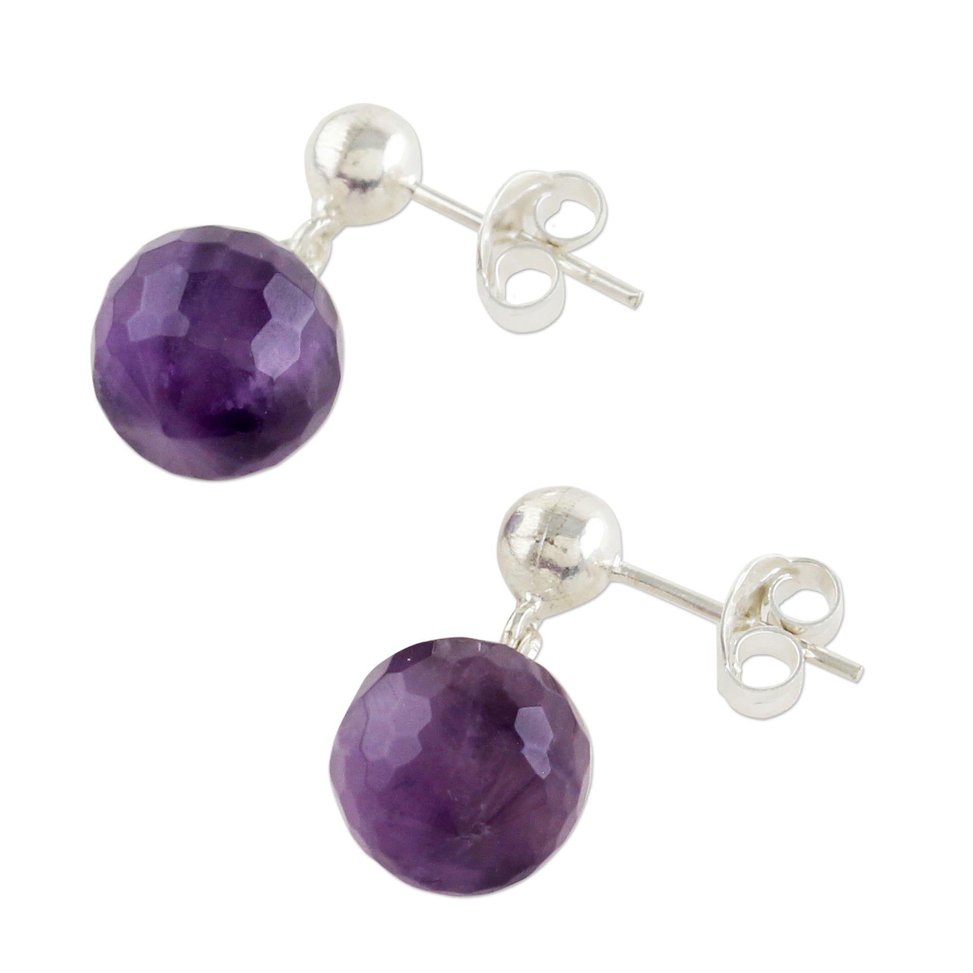 Premium Romantic Night Faceted Amethyst Sterling Silver Dangle Earrings - Handcrafted in Thailand