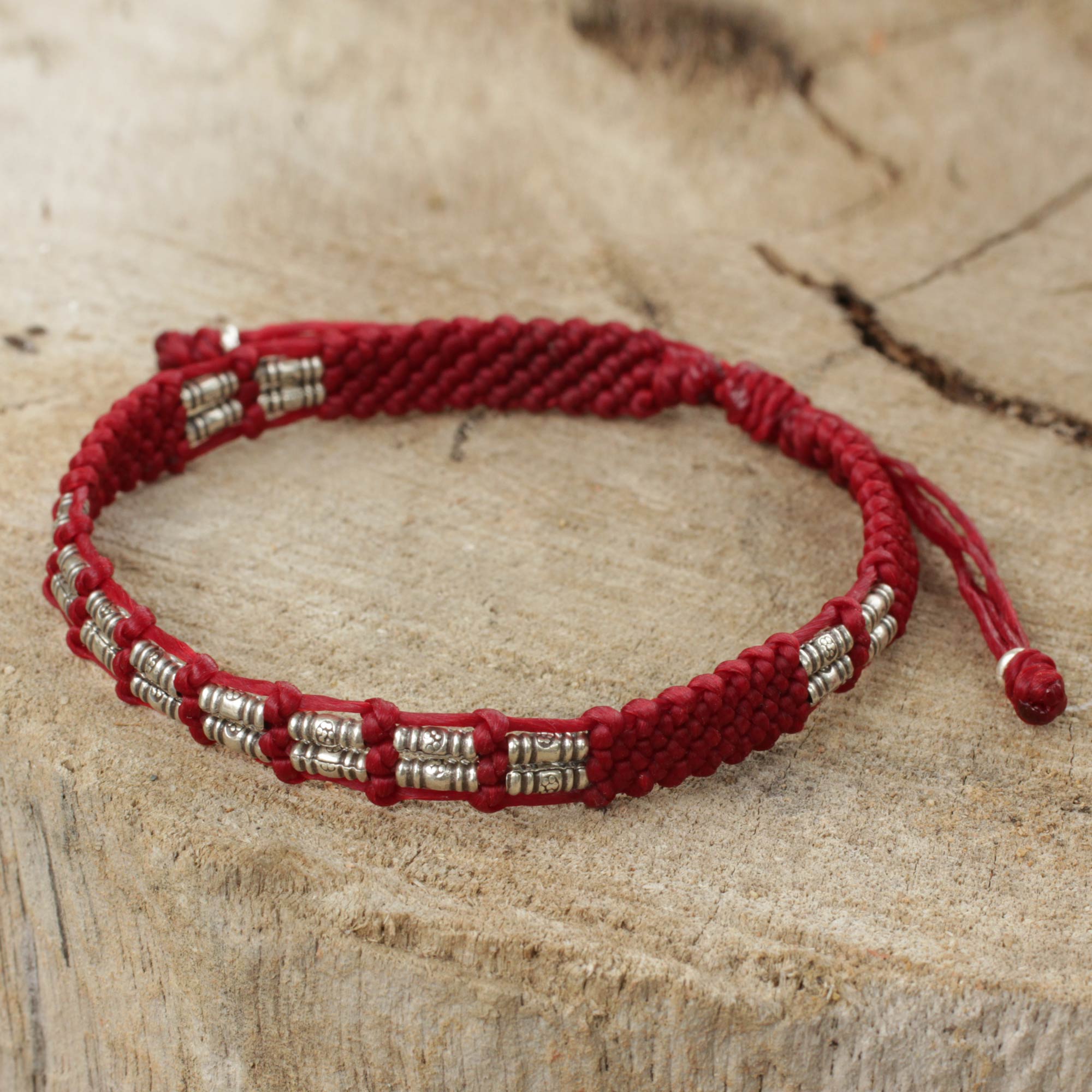 Premium Red Thai Braided Bracelet with 950 Silver Beads - Handcrafted Elegance