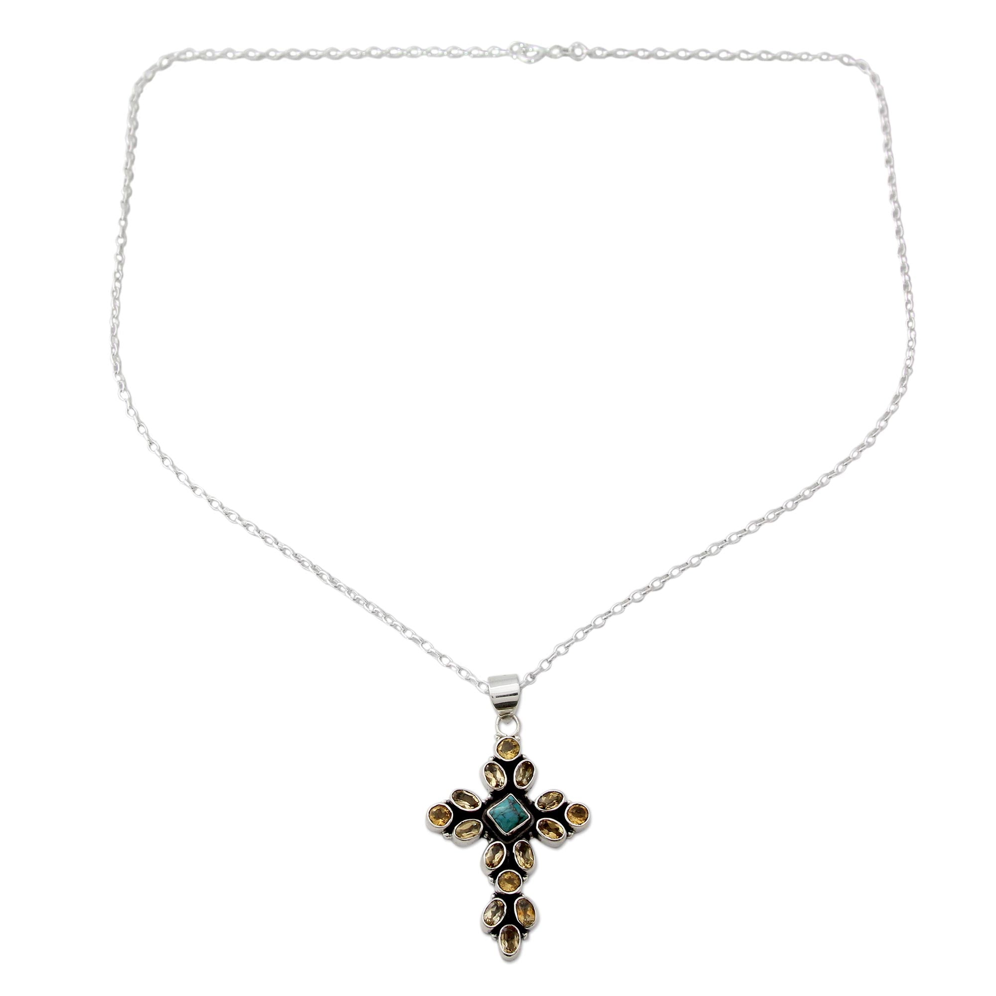 Premium Radiant Cross Pendant Necklace with Citrine and Sterling Silver