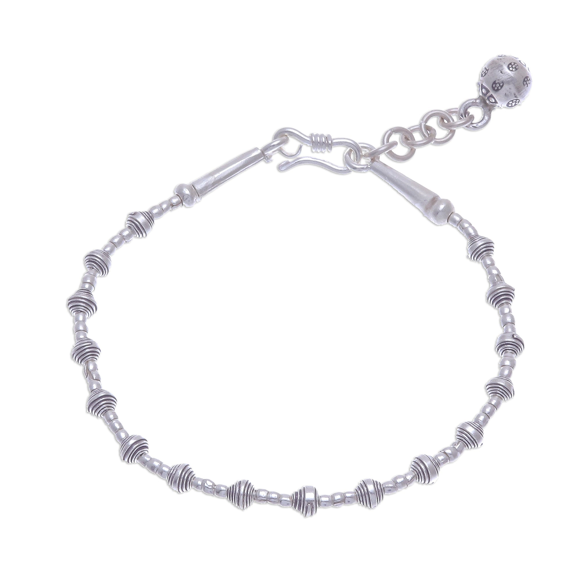 Premium Karen Silver Flower Ball Bracelet with Adjustable Chain – Handcrafted in Thailand