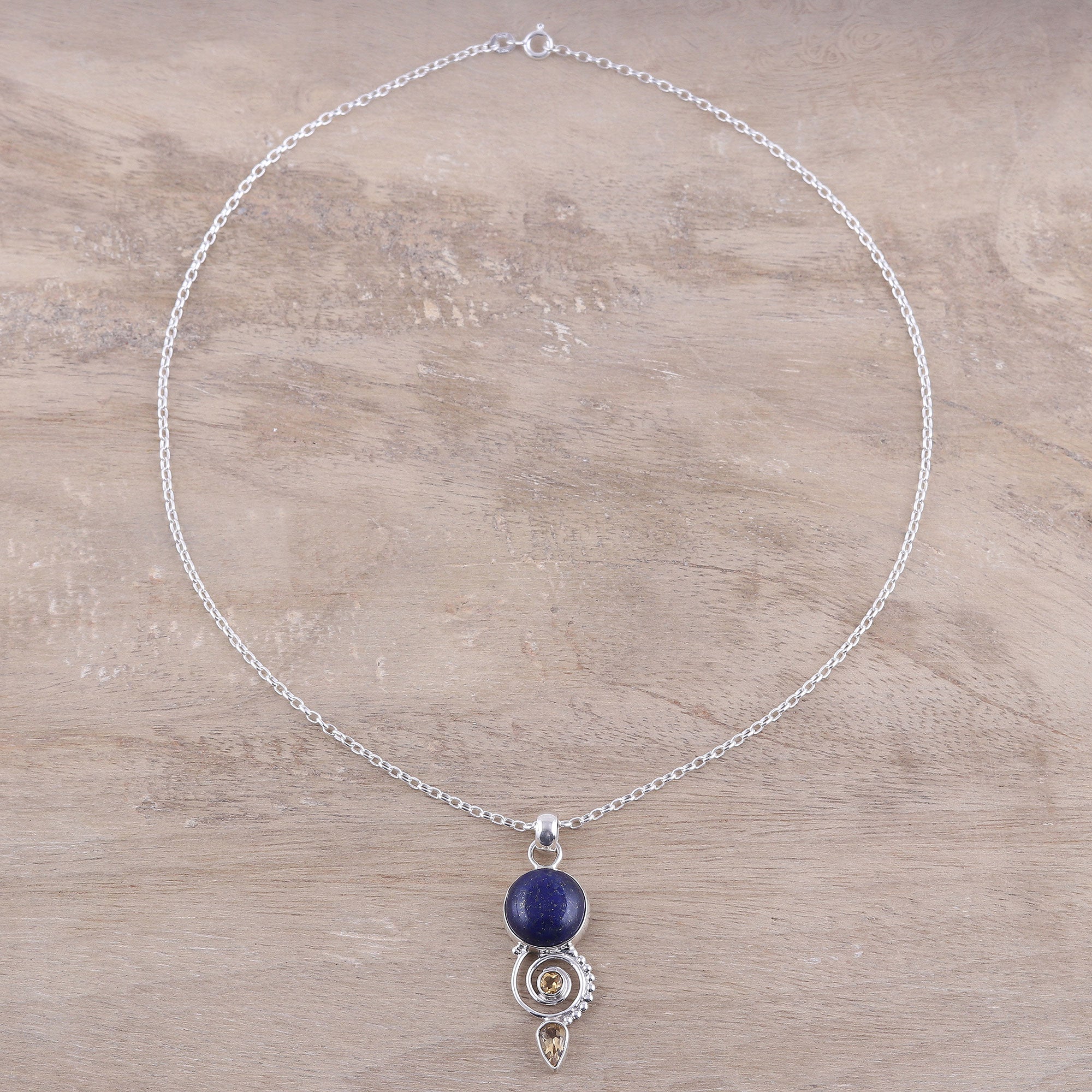 Premium Spiral Citrine & Lapis Lazuli Necklace – Handcrafted Sterling Silver Jewelry