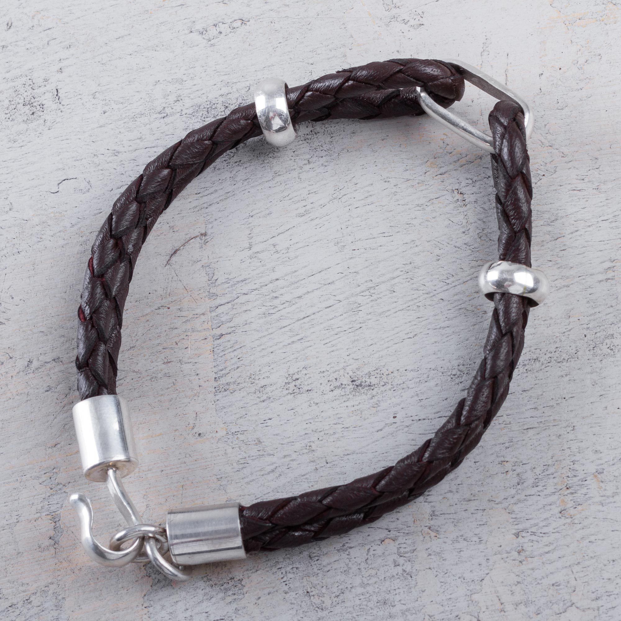 Premium Men's Brown Leather & Sterling Silver Braided Bracelet - Handcrafted in Peru