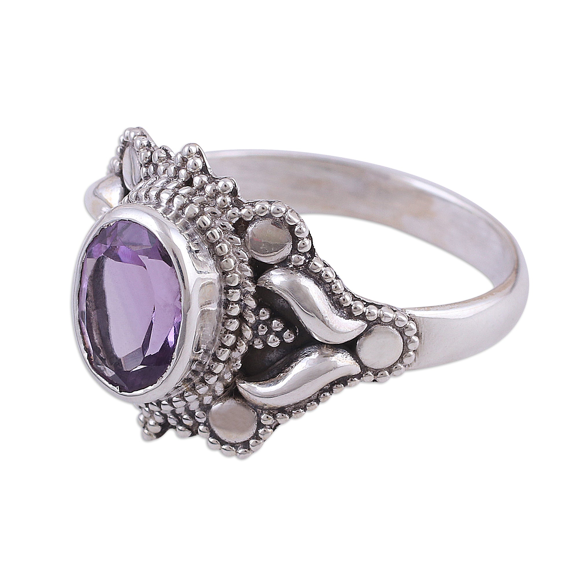 Premium Ethereal Tendrils Oval Amethyst Sterling Silver Cocktail Ring - Handcrafted in India