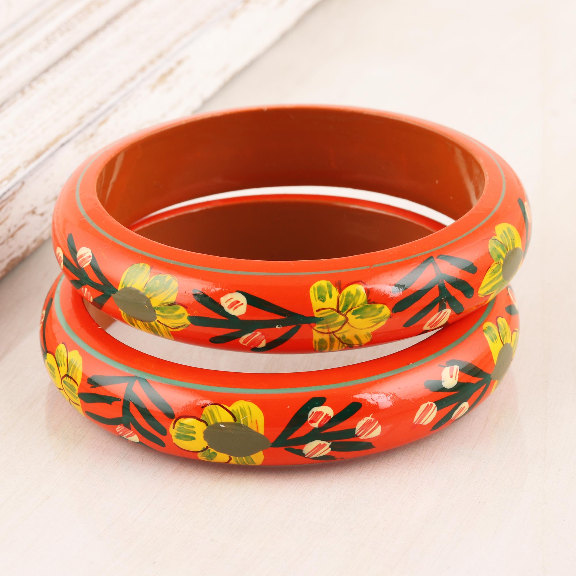 Premium Vermilion Garden Floral Haldu Wood Bangle Bracelets (Pair) - Handcrafted Elegance