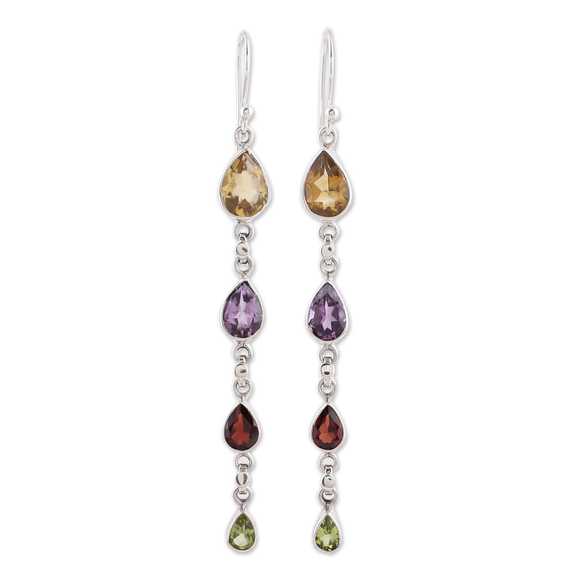 Premium Multi-Gemstone Dangle Earrings - Citrine, Amethyst, Garnet & Peridot