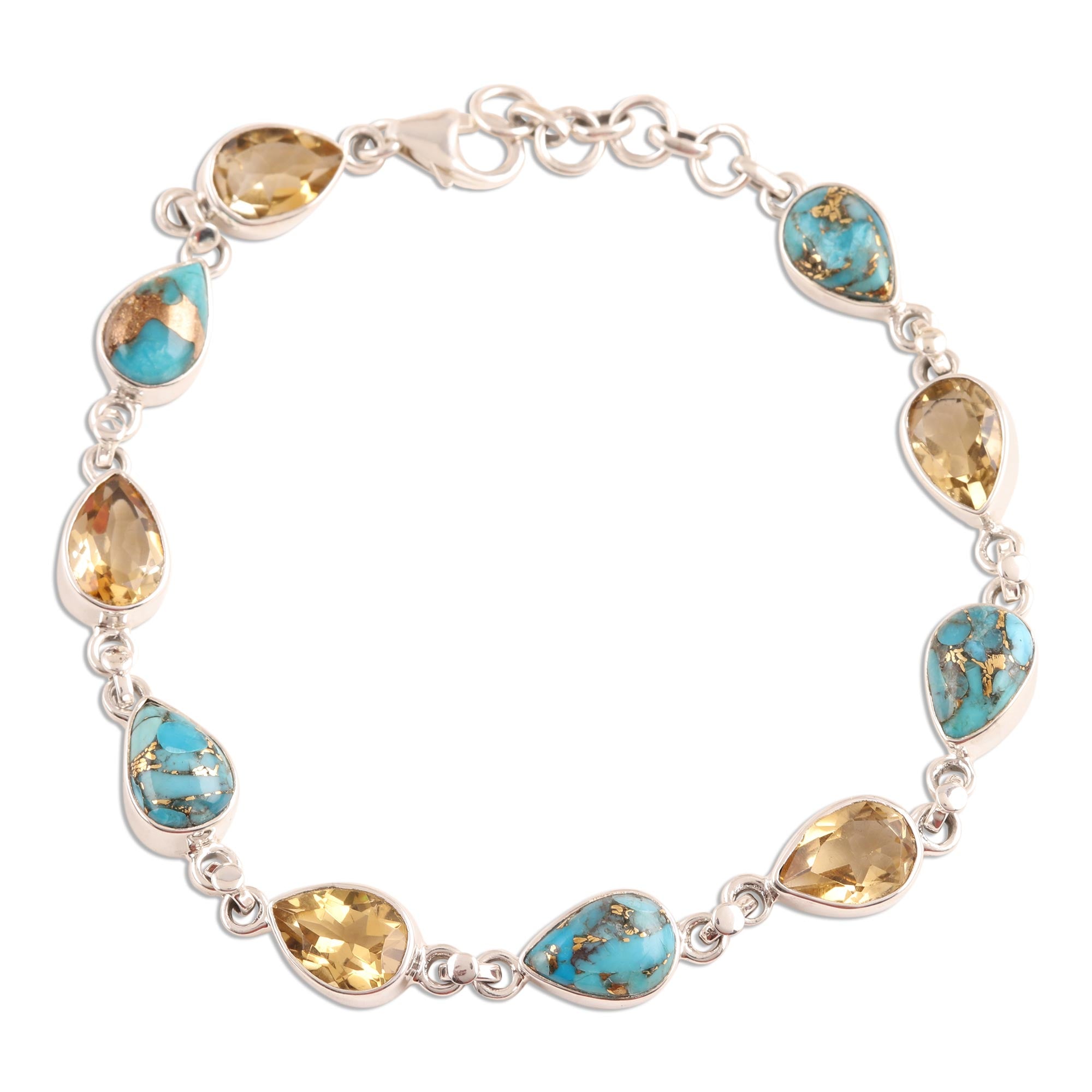 Premium Citrine & Turquoise Link Bracelet - Handcrafted Sterling Silver Jewelry