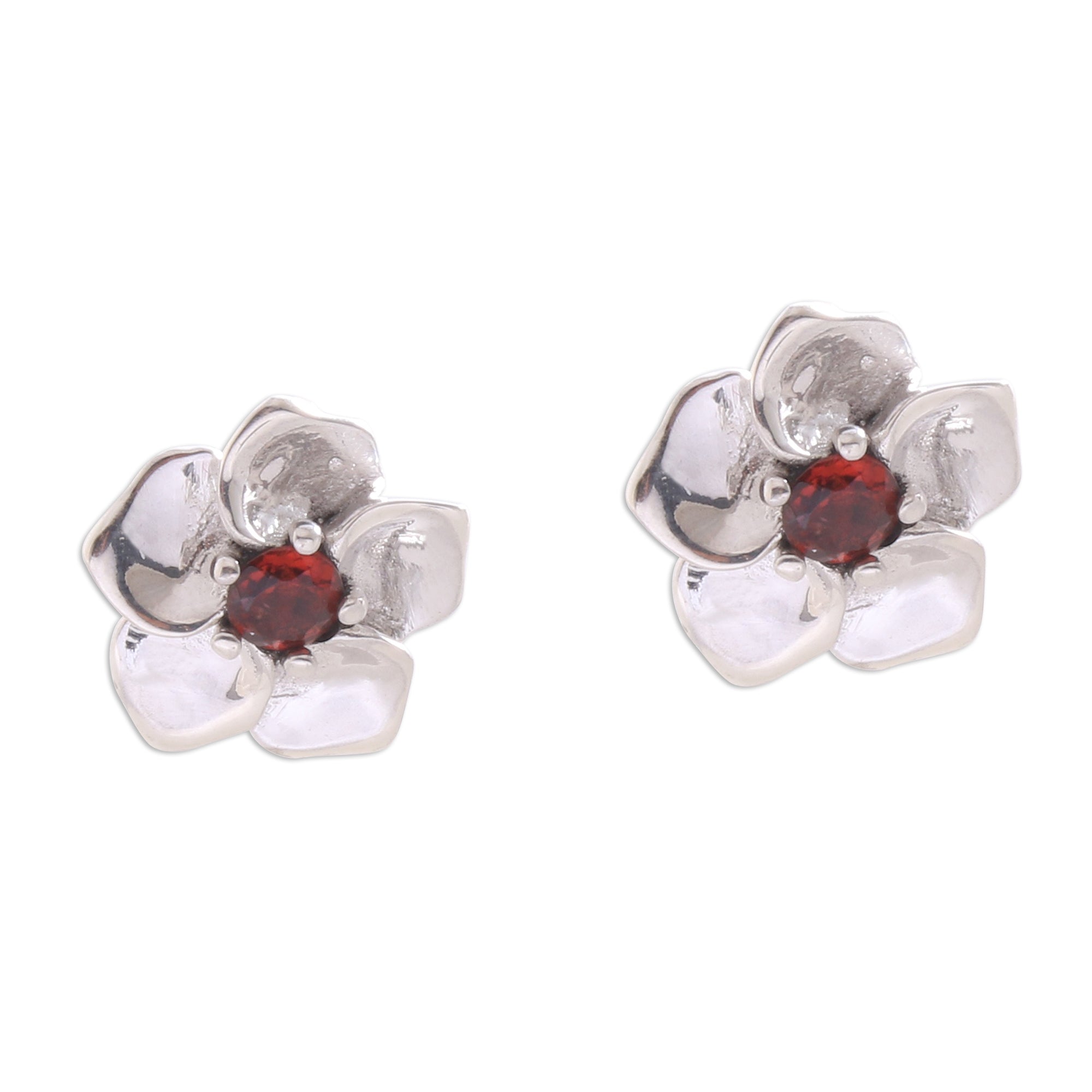 Premium Jepun Soul Flower Garnet & Silver Stud Earrings - Handmade Elegance