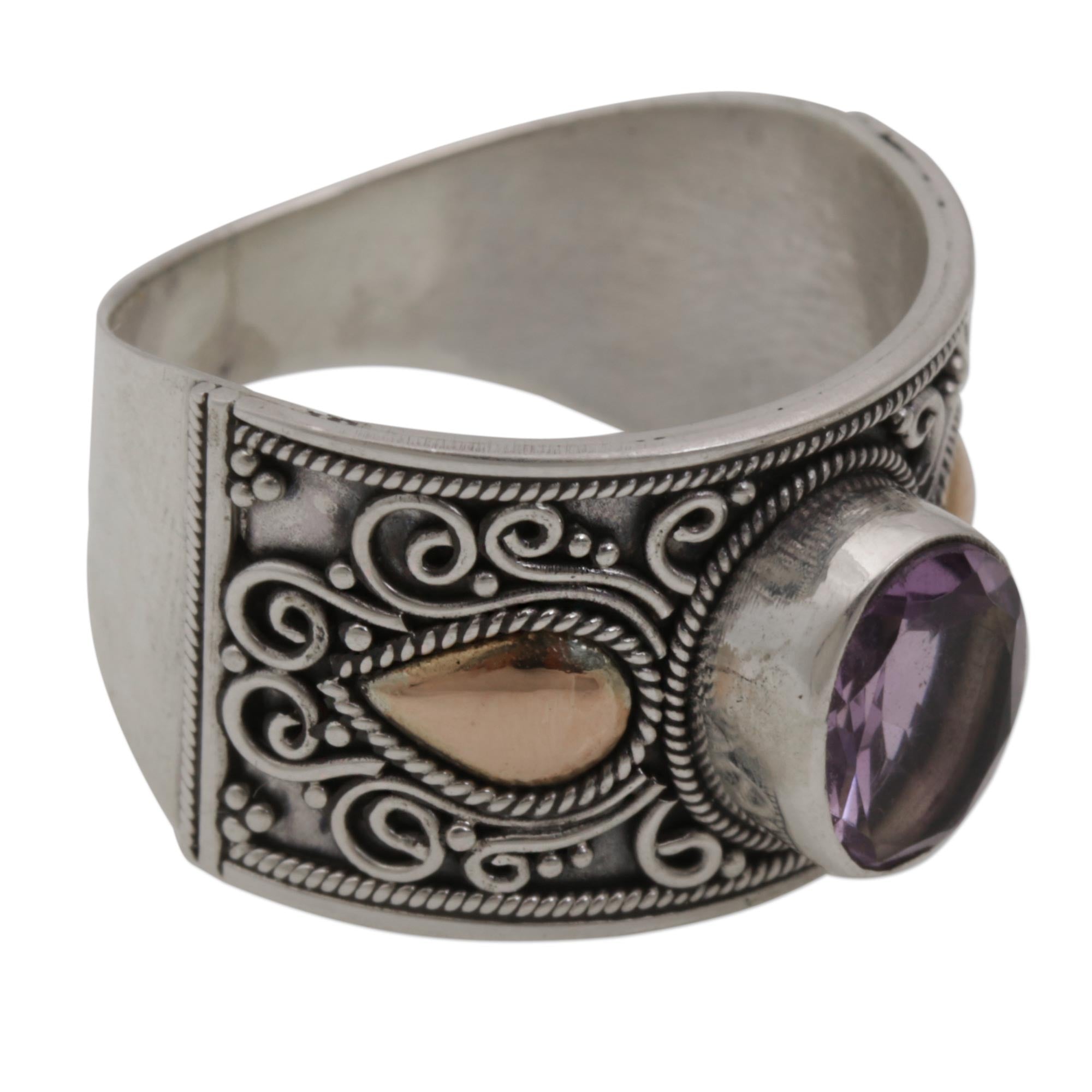 Premium Cantik Sparkle Gold Accent Amethyst Ring - Handcrafted in Bali