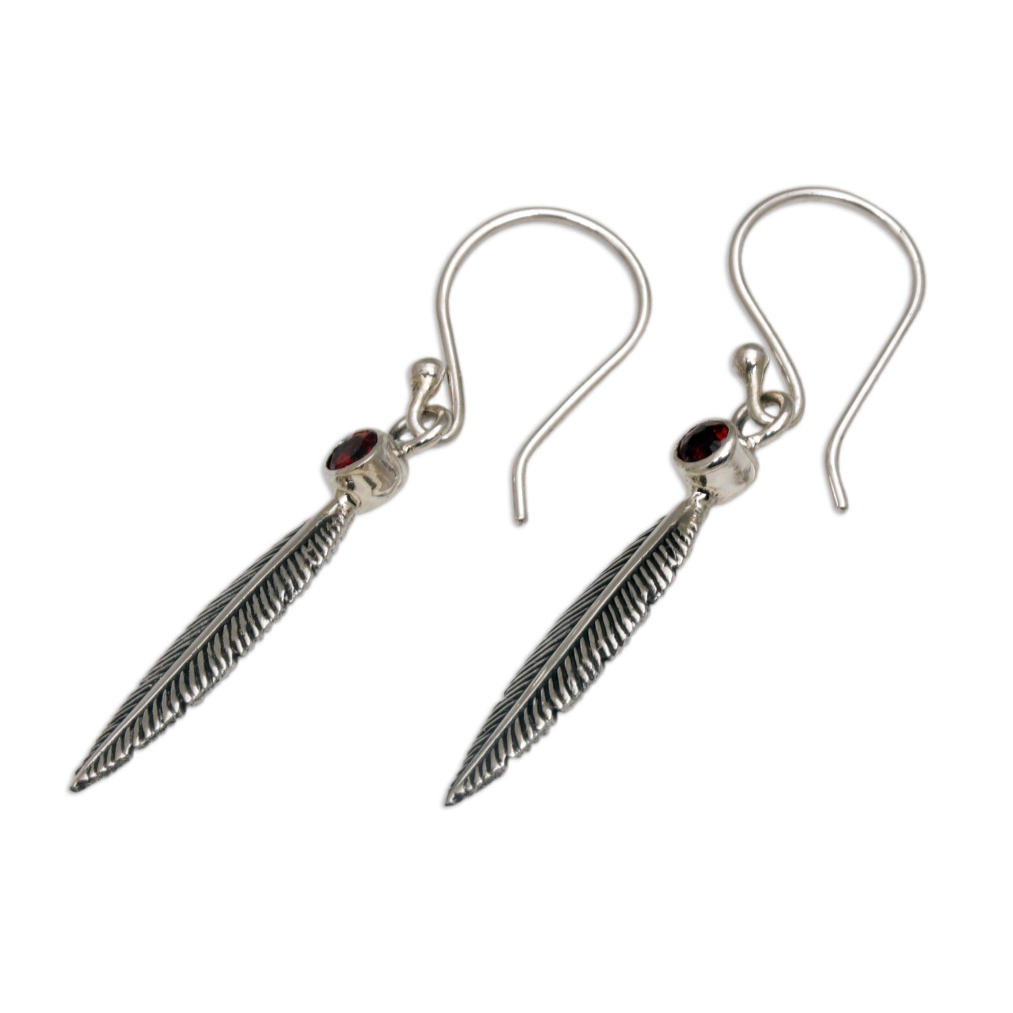 Premium Phoenix Feather Garnet Dangle Earrings – Handcrafted in Bali