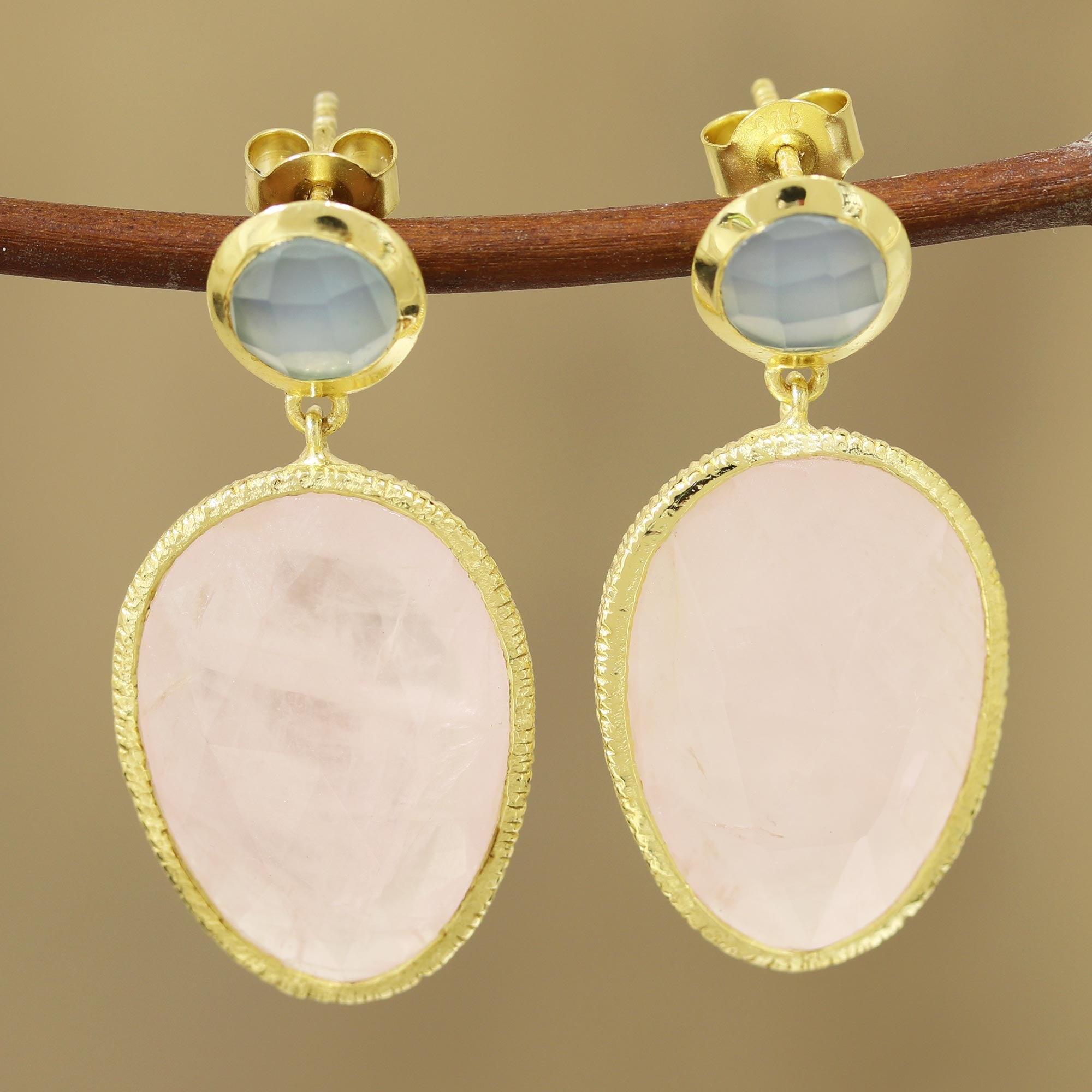 Ultimate Sparkling Muse Gold Plated Rose Quartz & Chalcedony Dangle Earrings