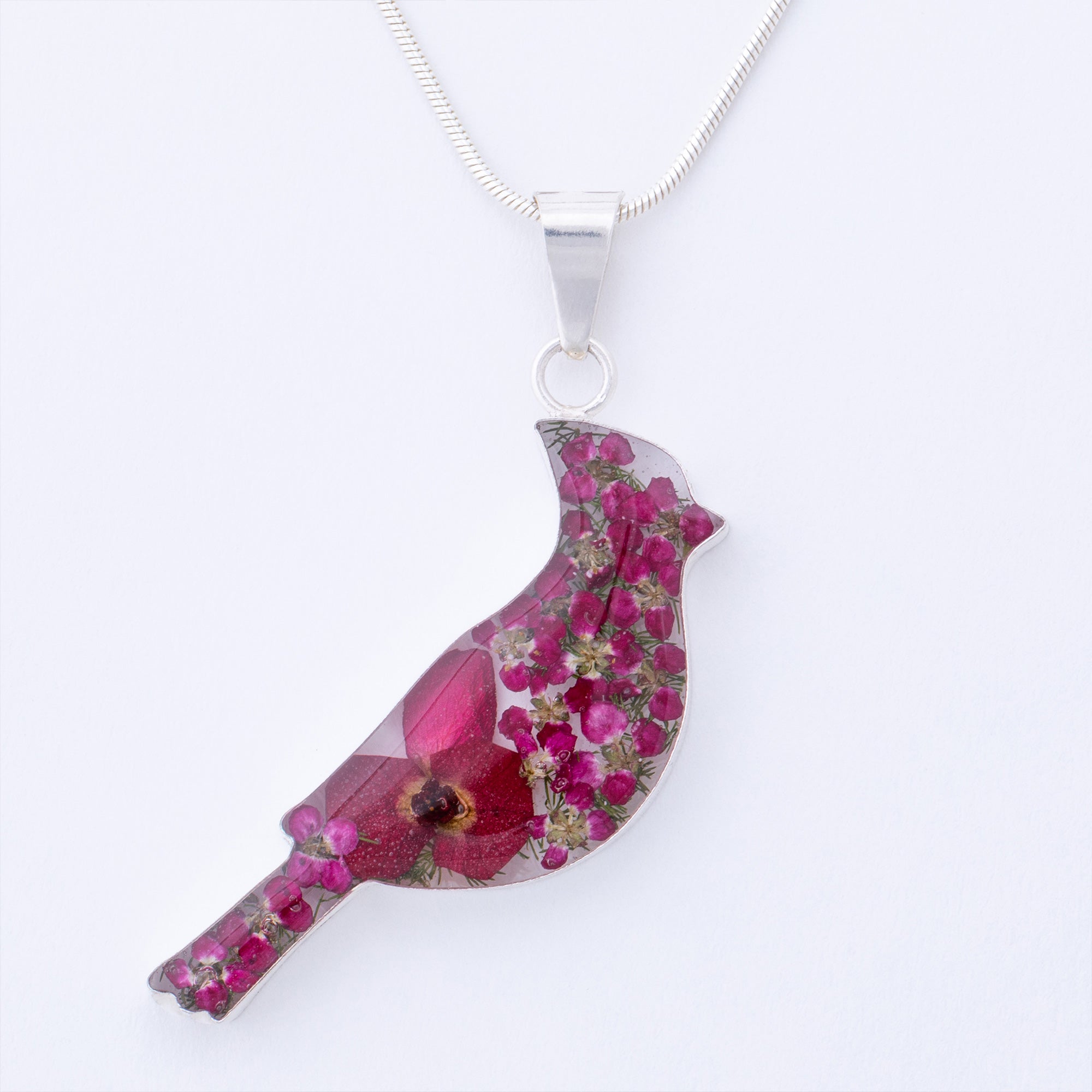 Premium Sterling Silver Cardinal Necklace with Real Flowers