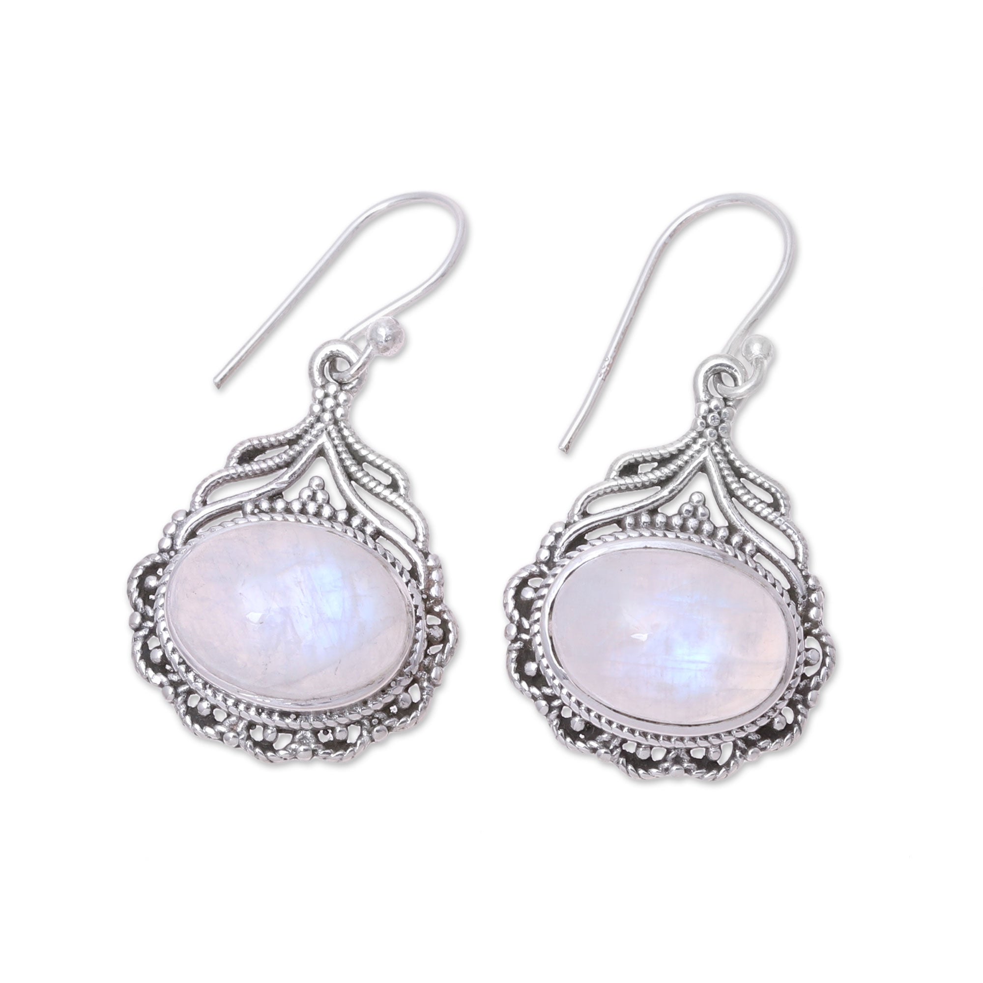 Premium Natural Oval Rainbow Moonstone Dangle Earrings - Handcrafted in India