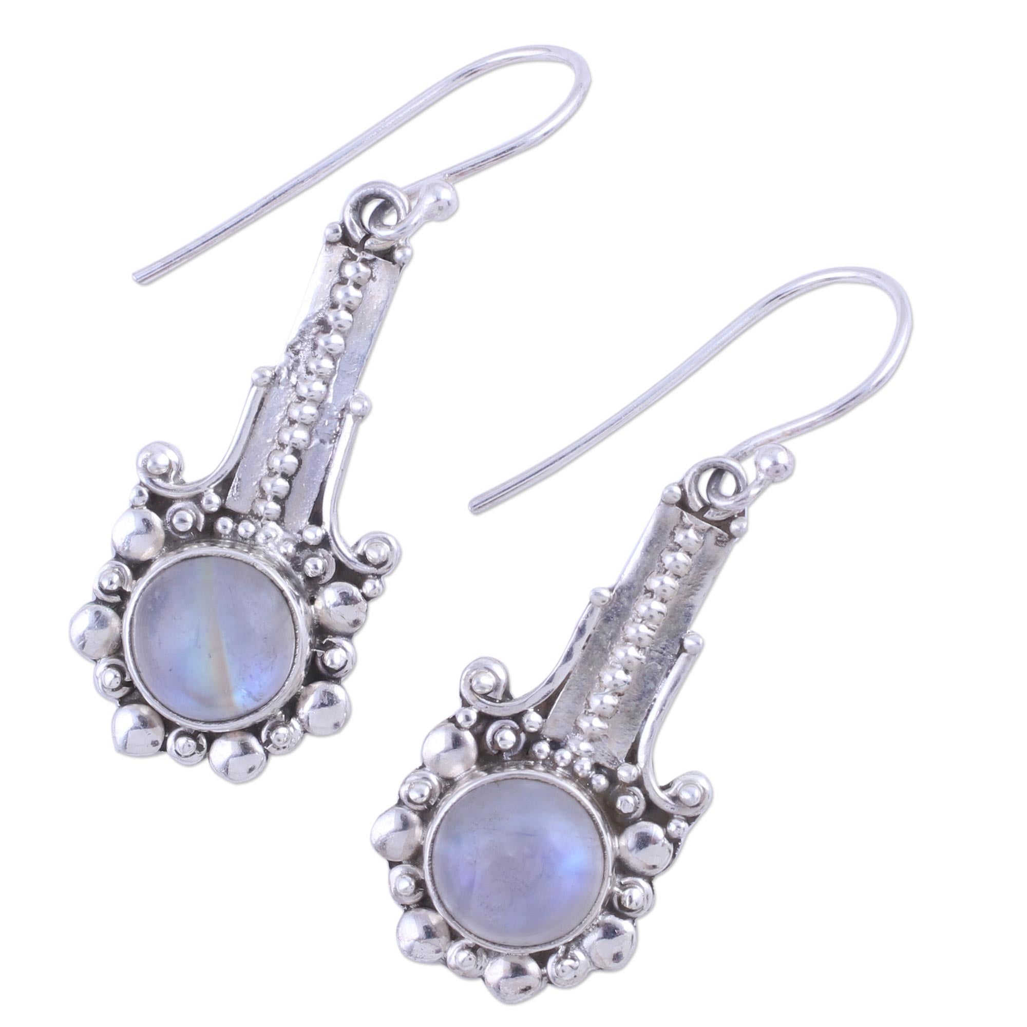 Premium Rainbow Moonstone Sterling Silver Dangle Earrings - Handcrafted in India