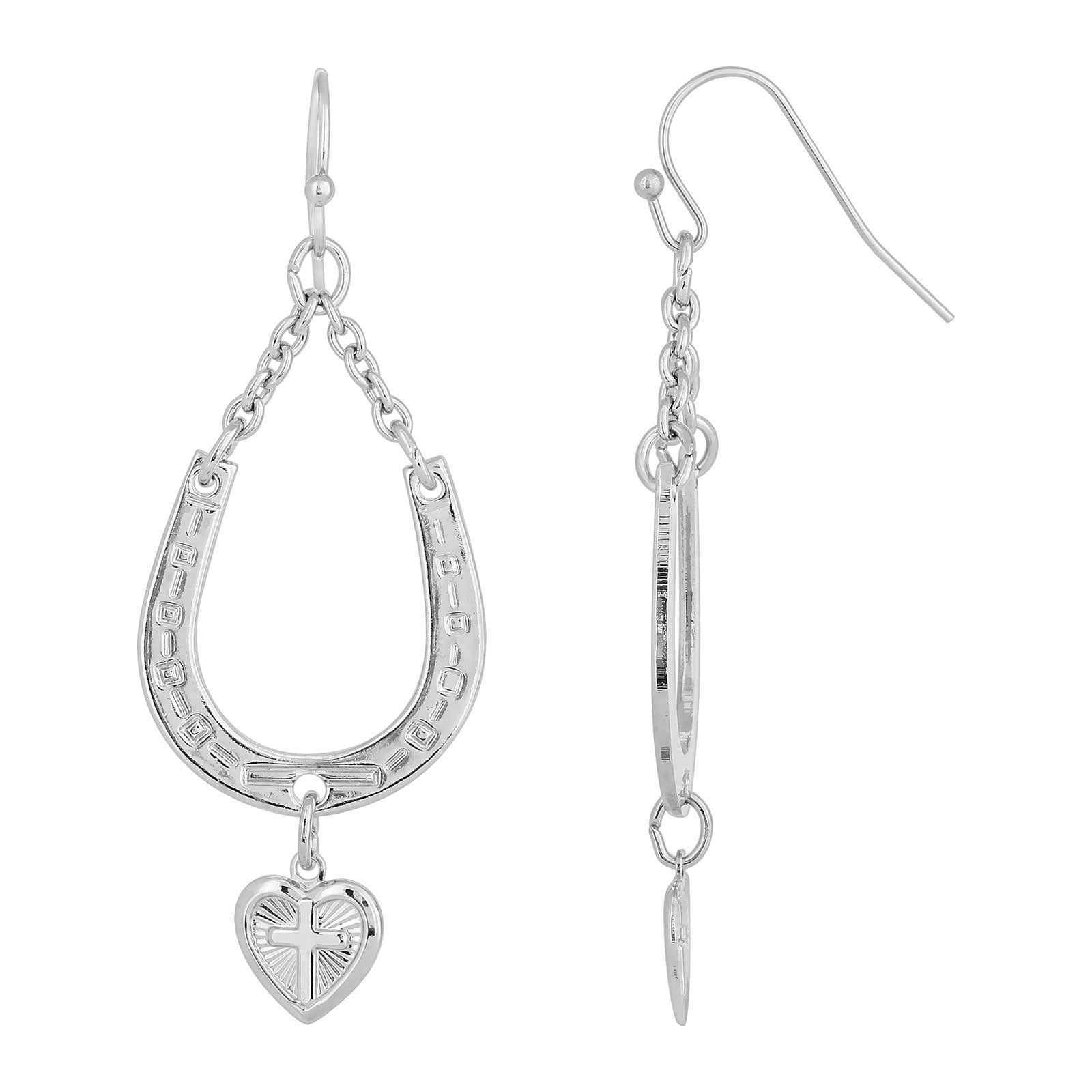 Premium Silver-Tone Horseshoe & Heart Cross Drop Earrings by 1928 Jewelry®