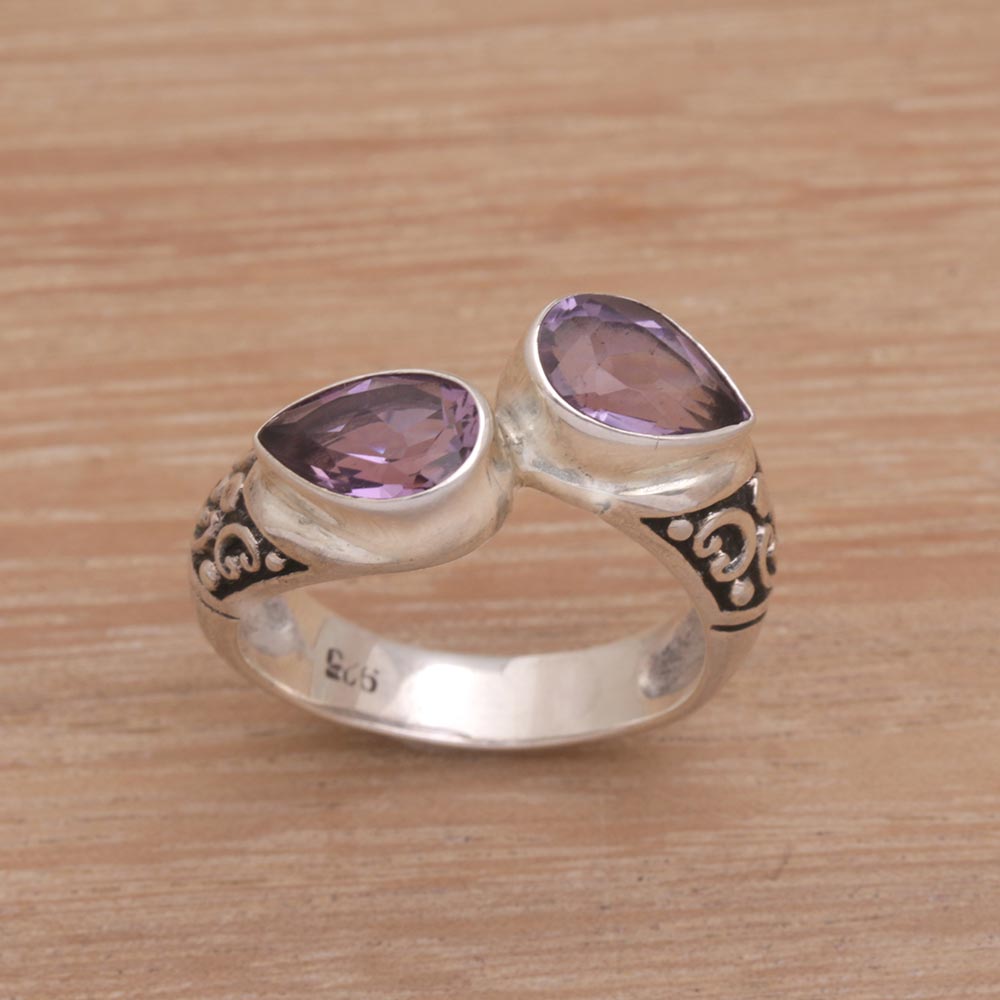 Premium Temple Tears Teardrop Amethyst & Silver Cocktail Ring – Handcrafted in Bali