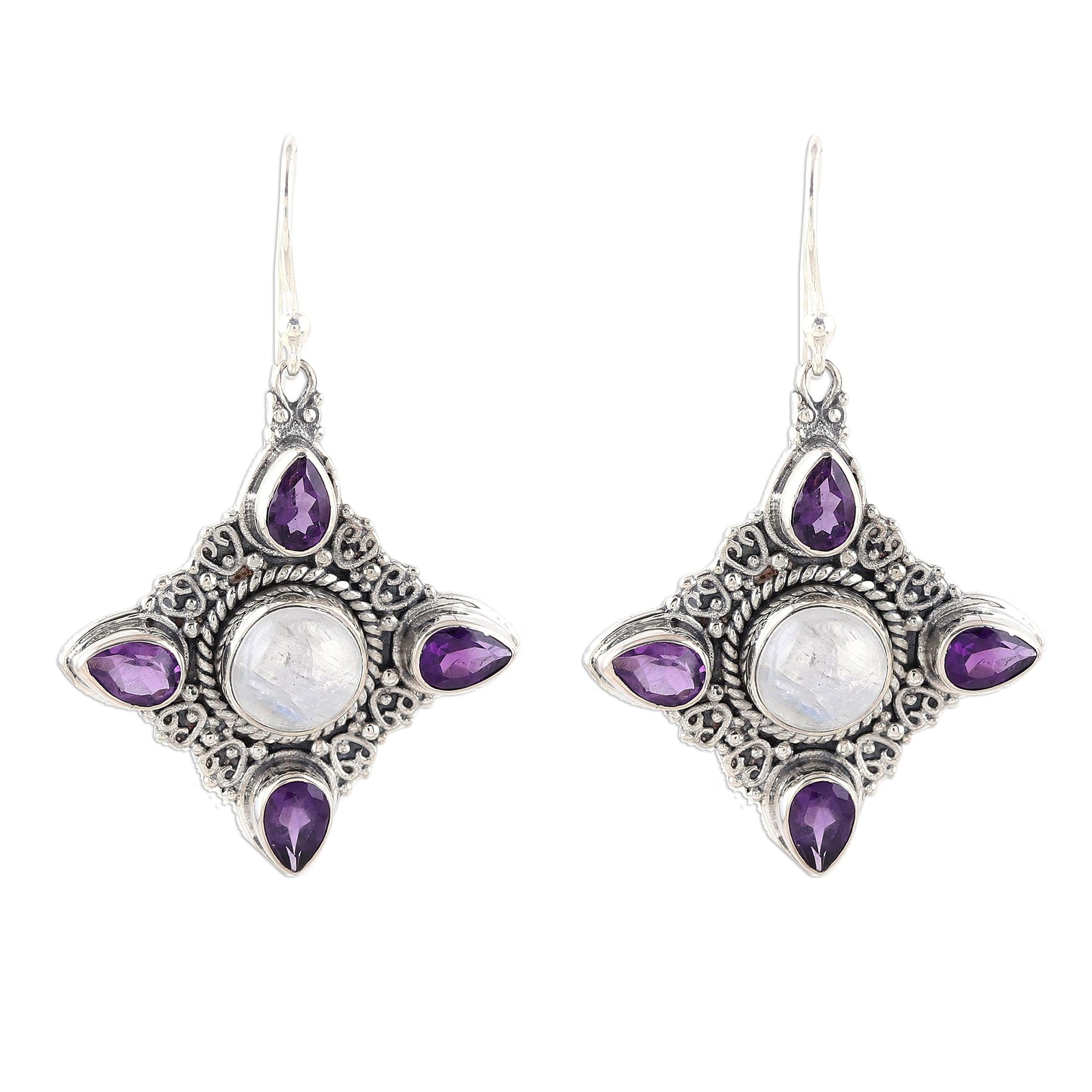 Premium Eternal Delight Rainbow Moonstone & Amethyst Sterling Silver Dangle Earrings