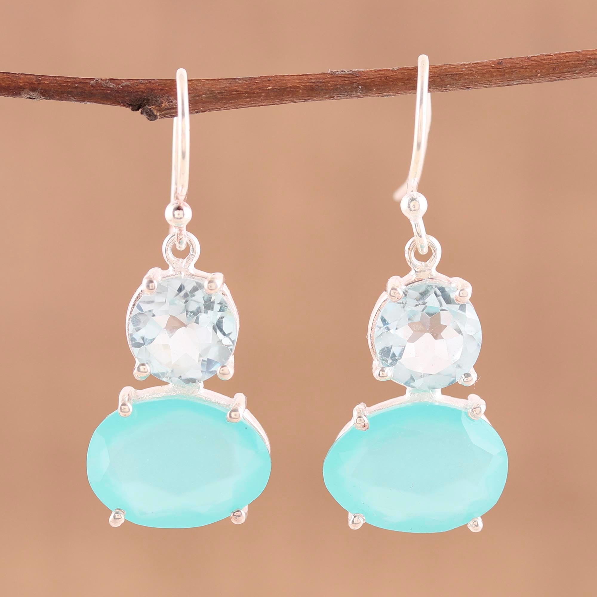 Premium Regal Air Blue Topaz & Chalcedony Dangle Earrings - Elegant Hook Design