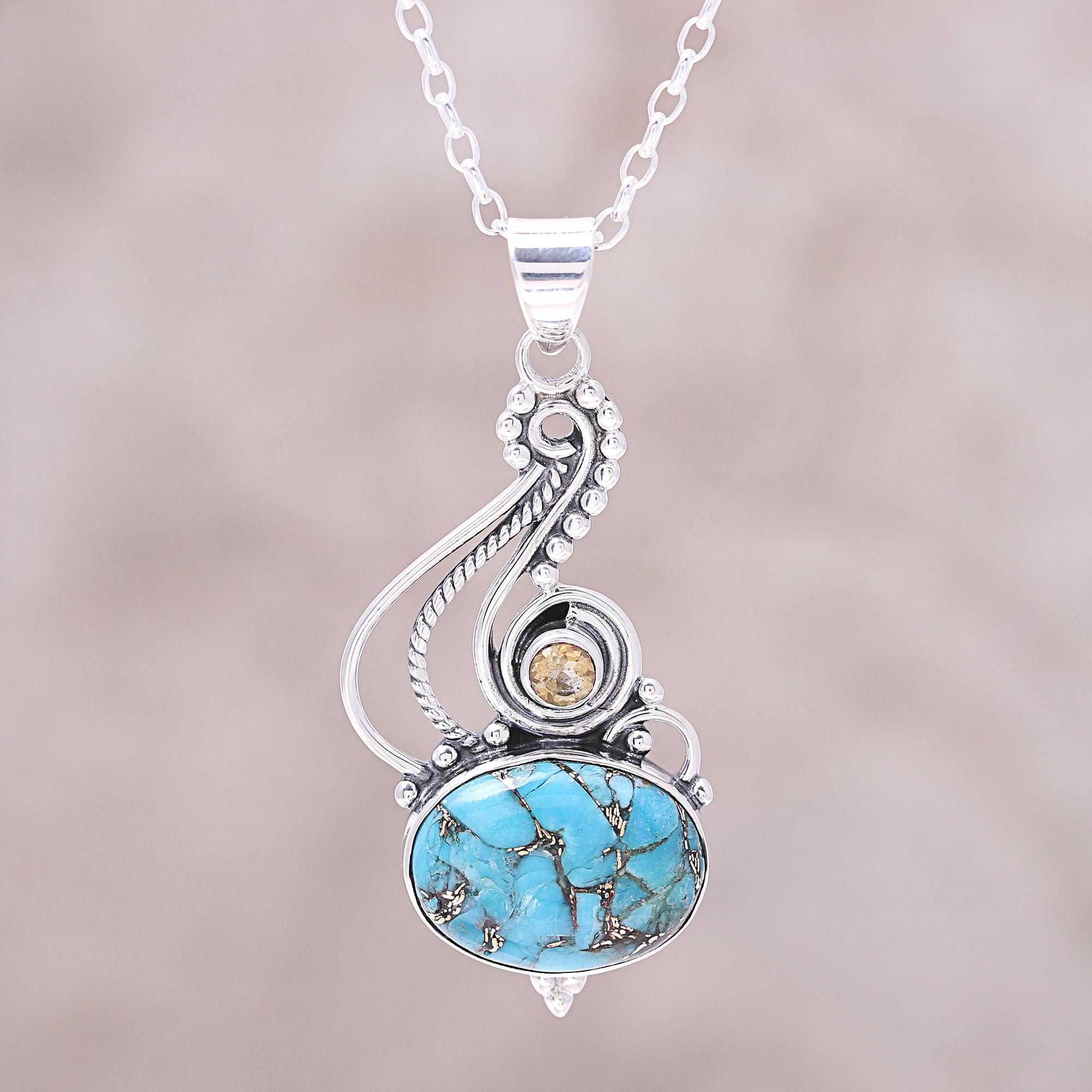 Premium Friendship Token Necklace - Sterling Silver with Turquoise & Citrine