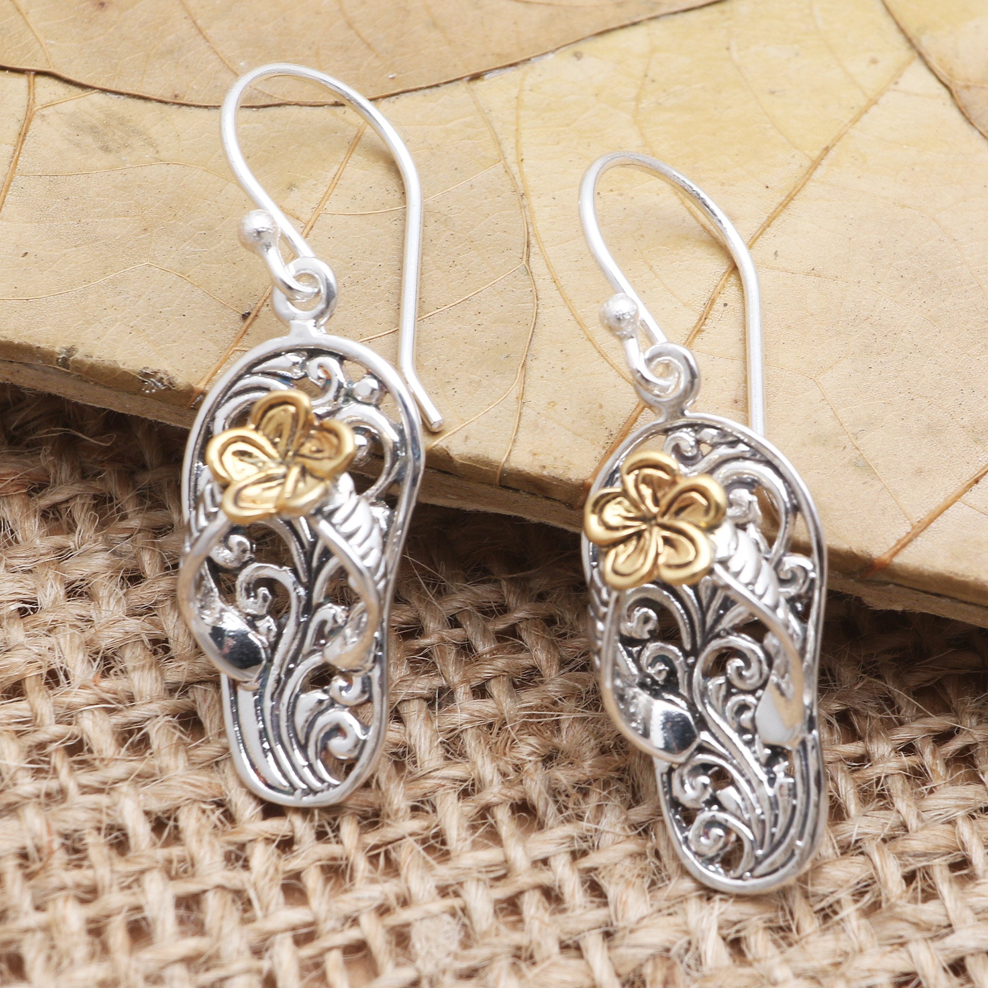 Premium Gold-Accented Sterling Silver Dangle Earrings - Elegant Sandal Design