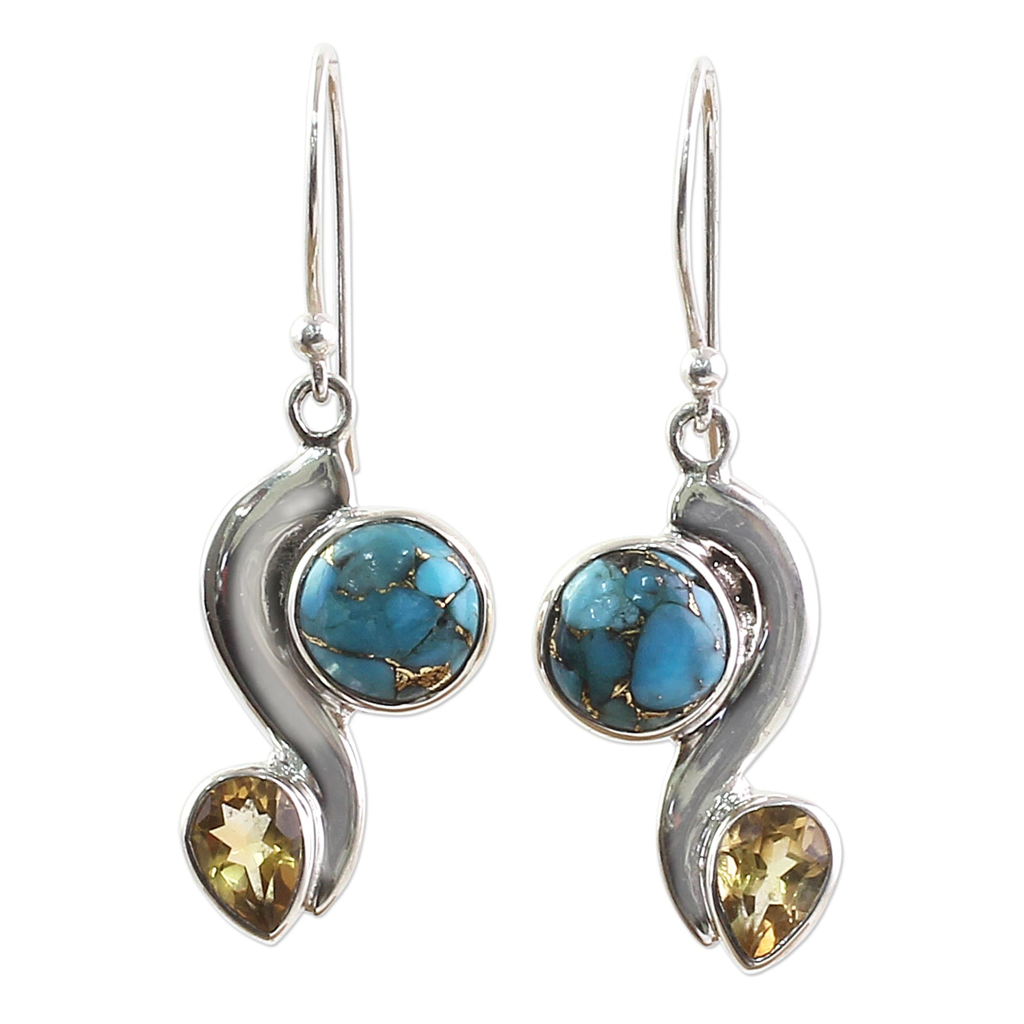 Premium Citrine & Turquoise Dangle Earrings – Handcrafted Sterling Silver Jewelry from India