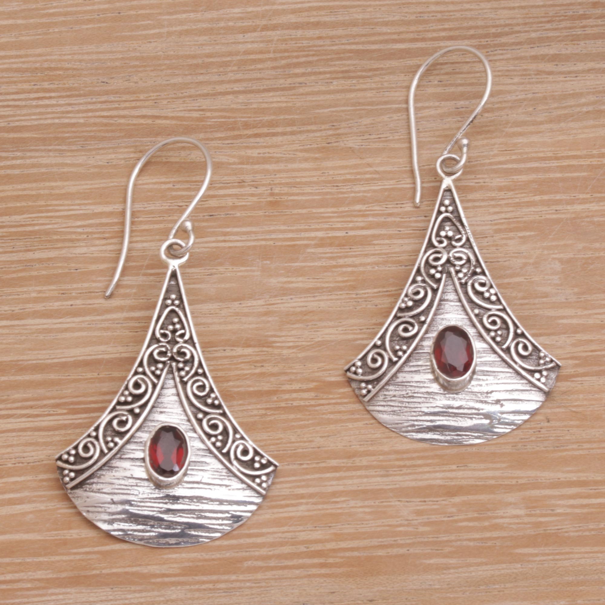 Premium Bali Sterling Silver Garnet Dangle Earrings - Artisan Crafted