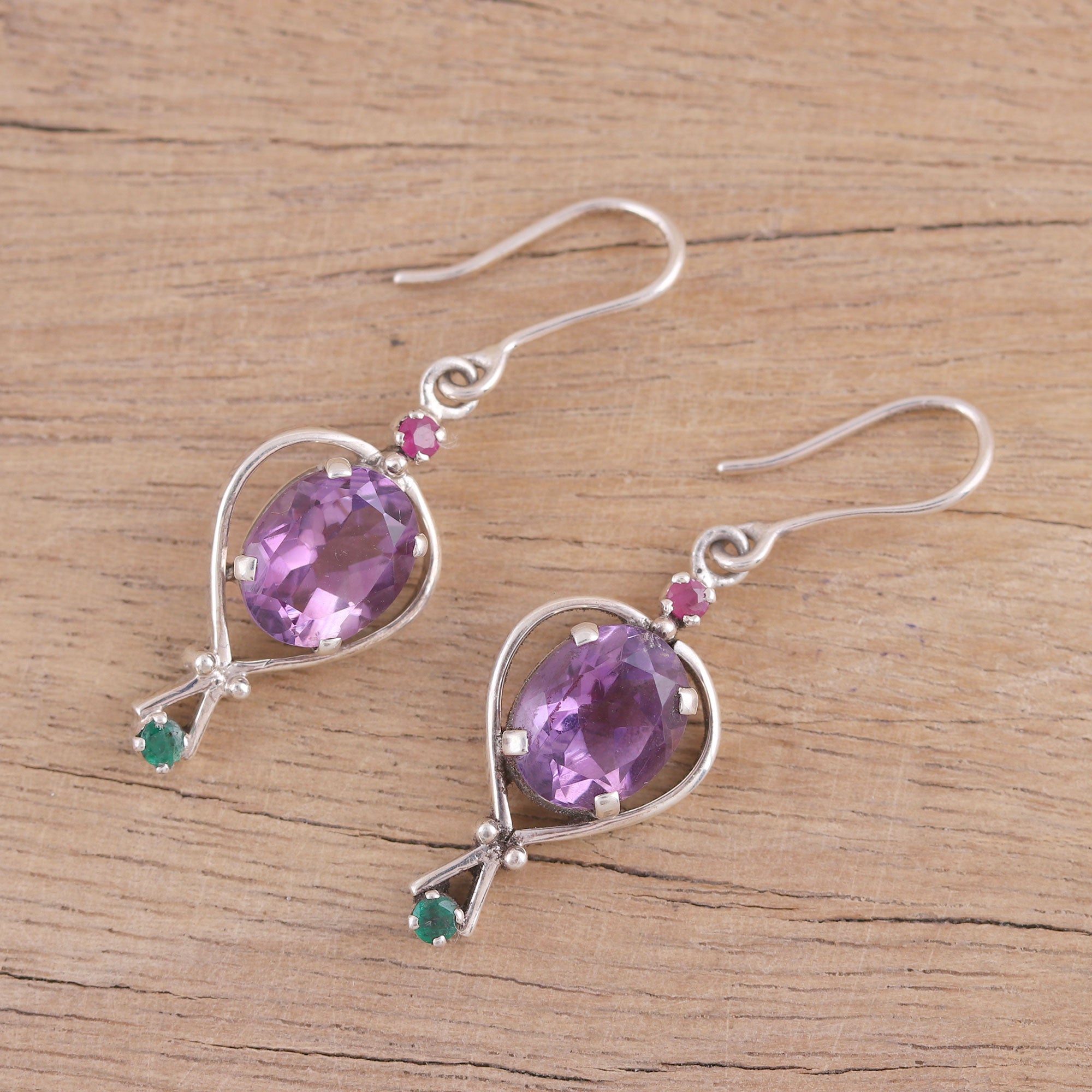 Premium Sparkling Allure Dangle Earrings - Amethyst, Emerald & Ruby | Handcrafted in India