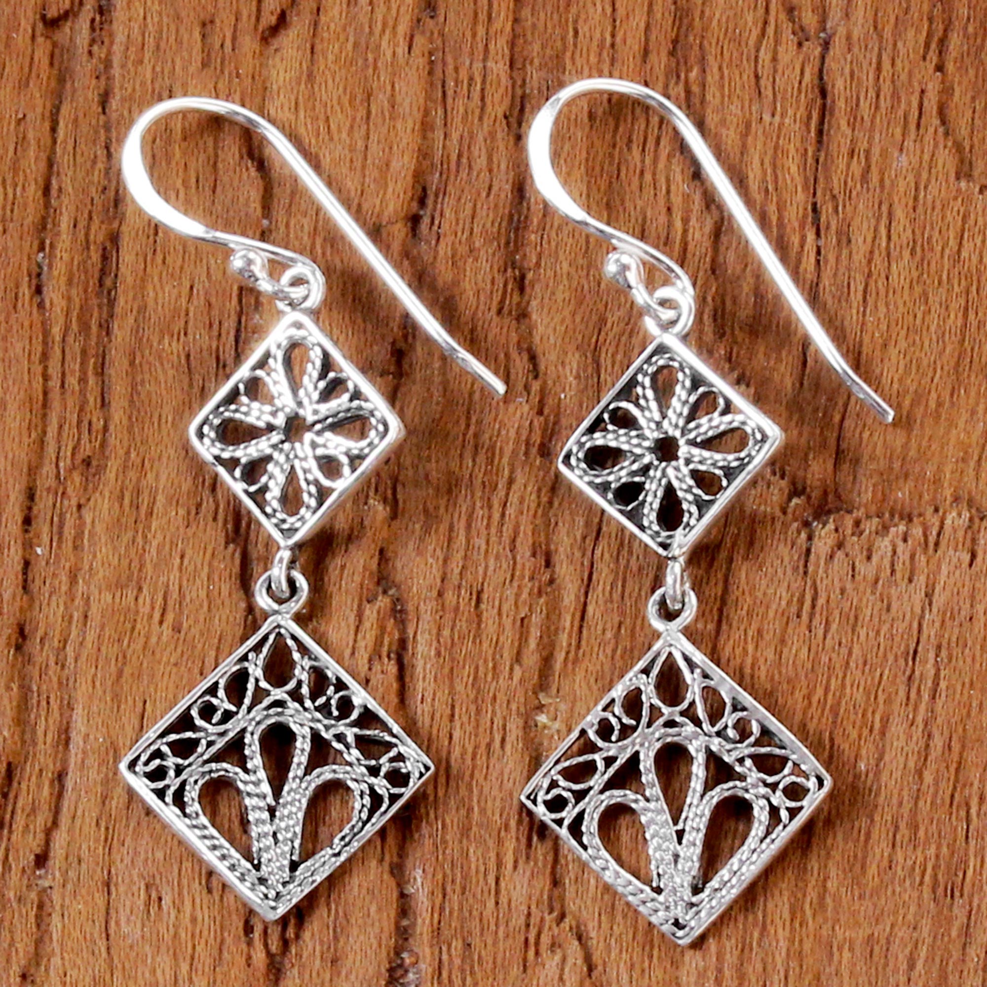 Premium Sterling Silver Filigree Square Dangle Earrings - Elegant & Versatile