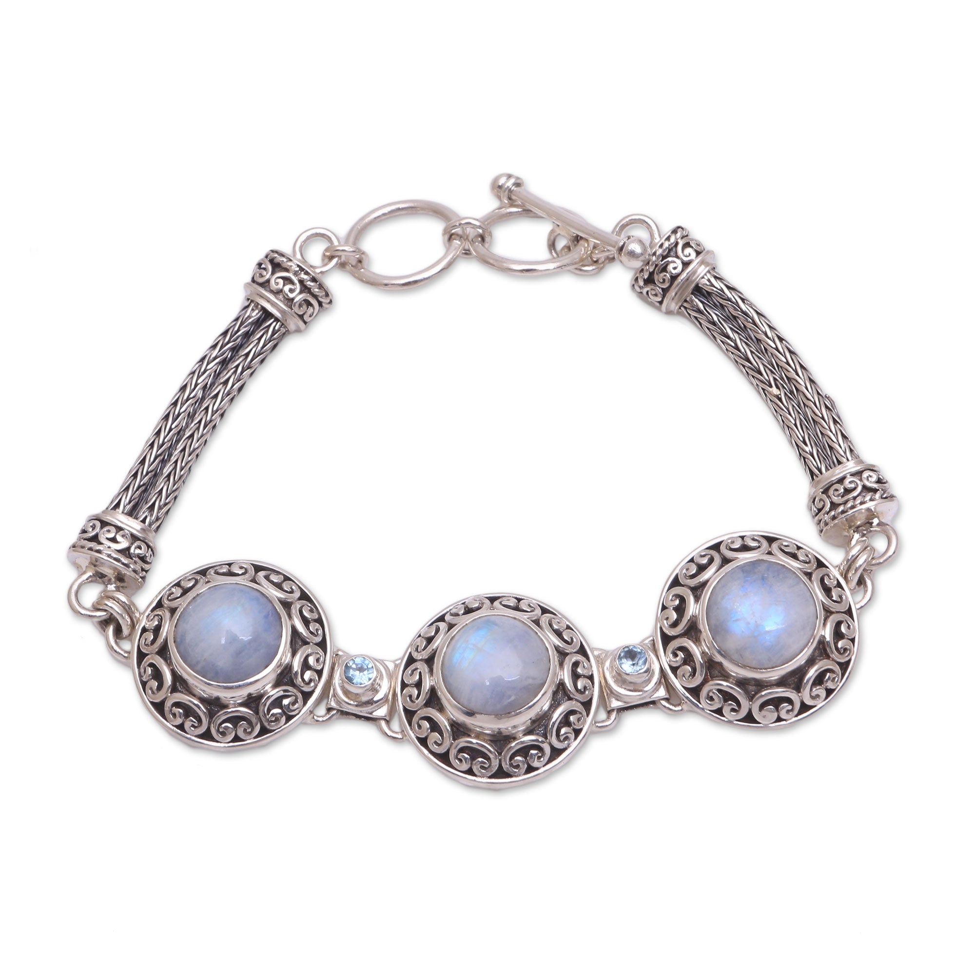 Premium Temple Roof Rainbow Moonstone & Blue Topaz Pendant Bracelet