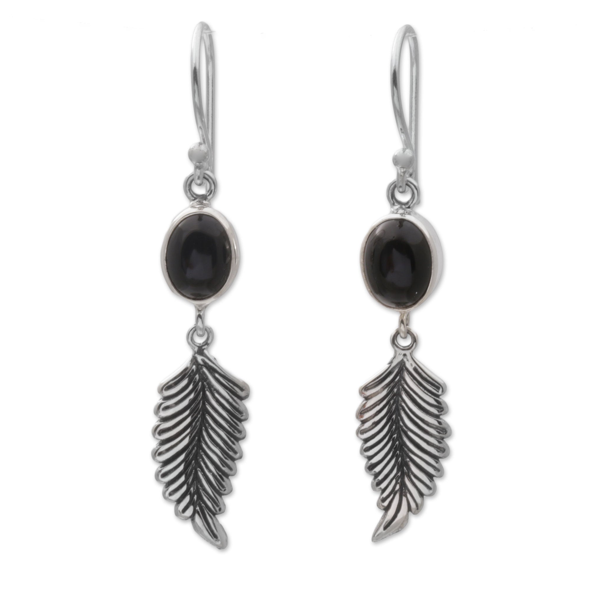 Premium Balinese 925 Sterling Silver Feather Earrings with Onyx - Handcrafted Elegance