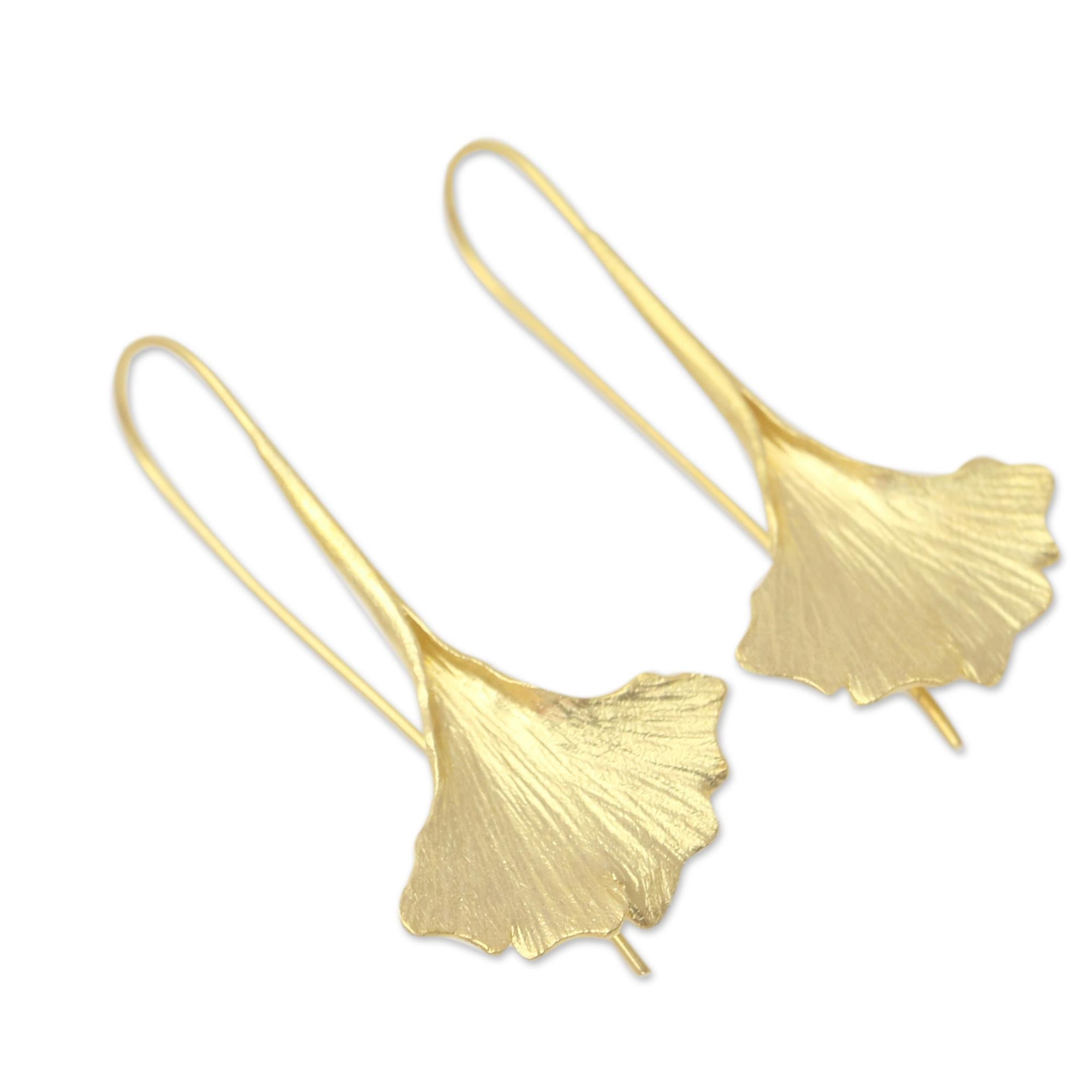 Premium Golden Ginko Leaf Drop Earrings - 18k Gold Plated Sterling Silver