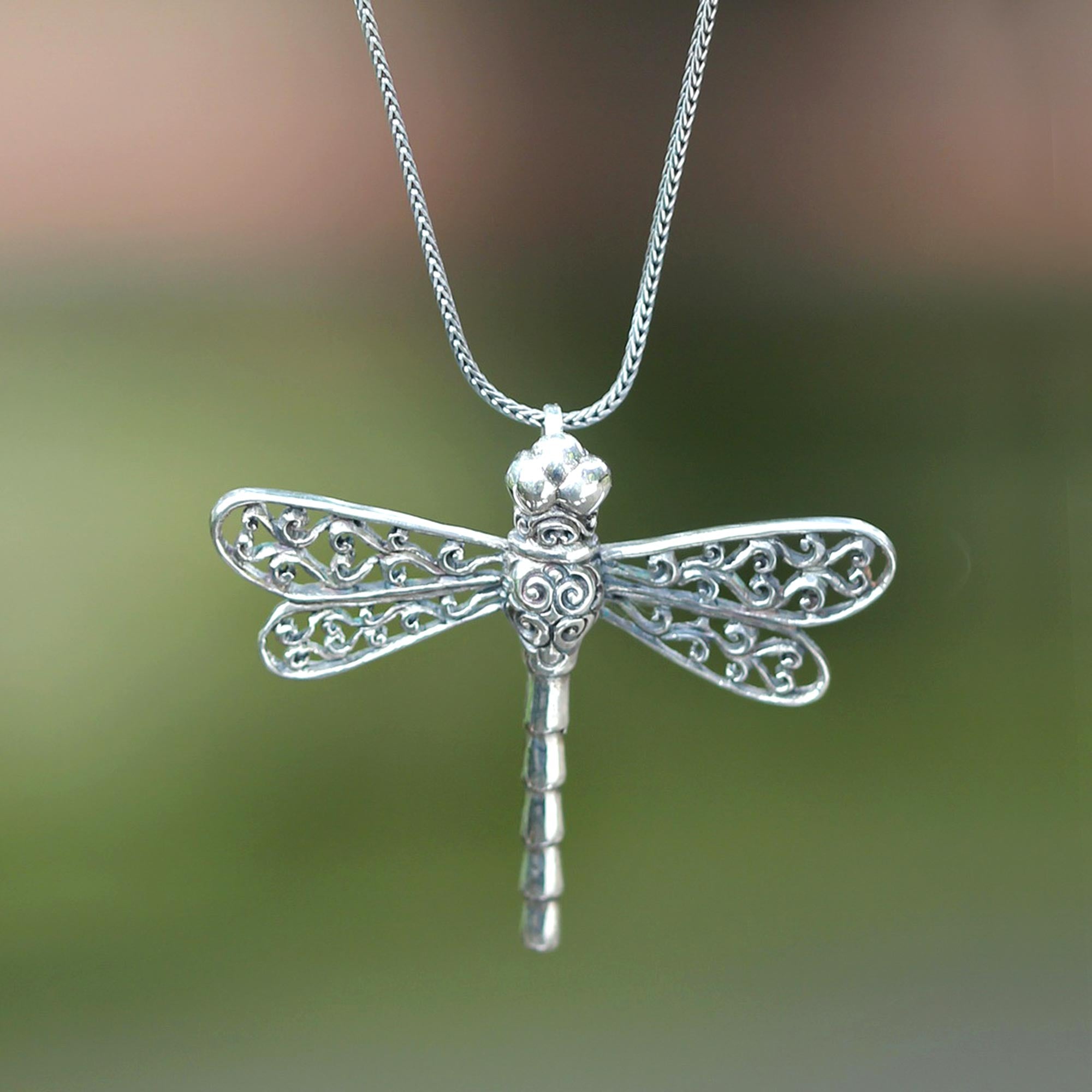 Premium Lucky Dragonfly Sterling Silver Pendant Necklace - Handcrafted Elegance