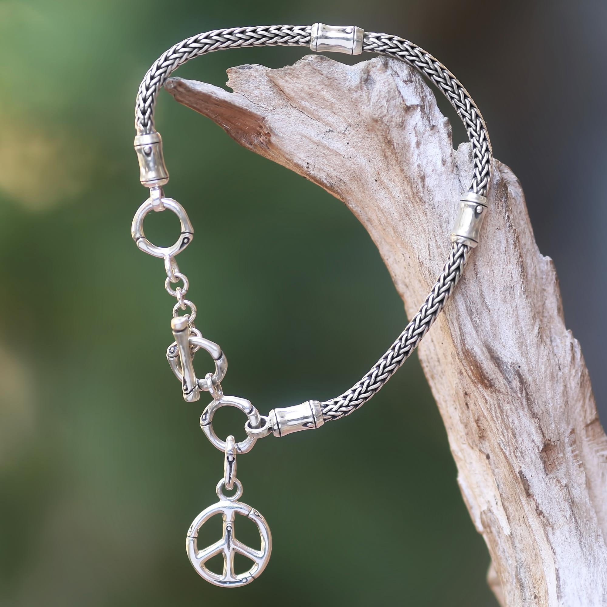 Premium Sterling Silver Peace Bamboo Bracelet – Handcrafted Charm Jewelry